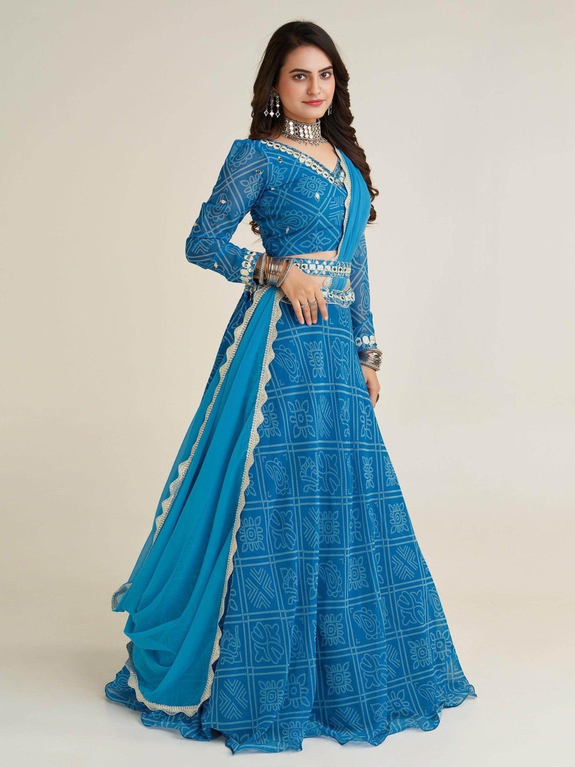 Gorgeous Sky-Blue Bandhani Print Georgette Navratri Wear Lehenga Choli - Zeel Clothing