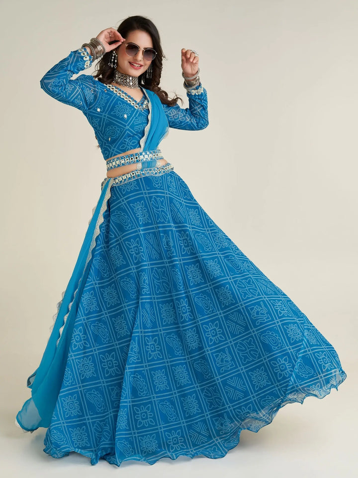 Gorgeous Sky-Blue Bandhani Print Georgette Navratri Wear Lehenga Choli - Zeel Clothing