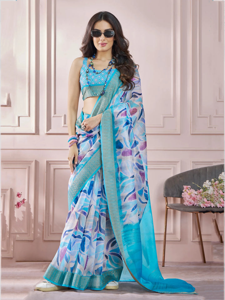 Gorgeous Sky-Blue Digital Printed Silk Event Wear Saree With Blouse - Zeel Clothing