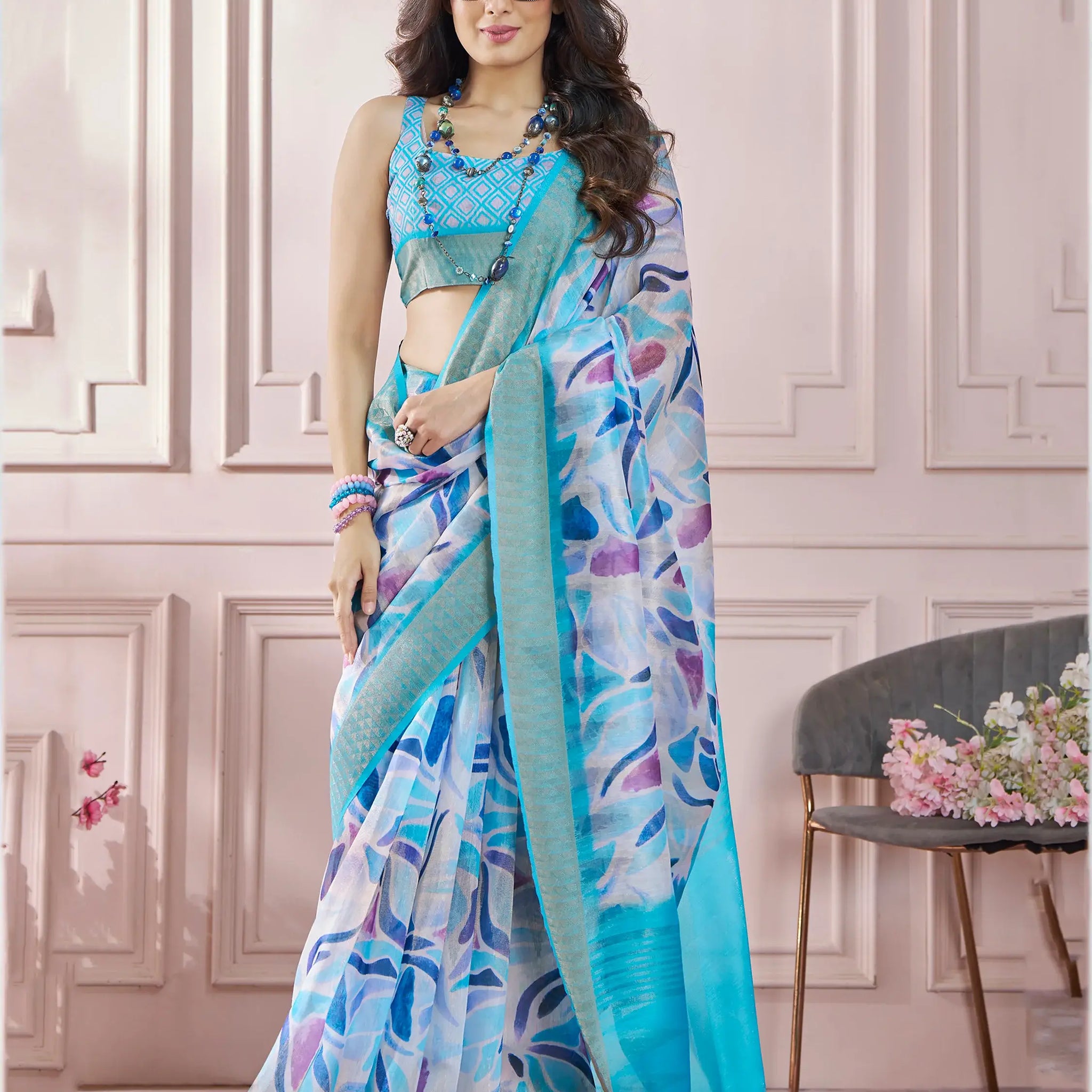 Gorgeous Sky-Blue Digital Printed Silk Event Wear Saree With Blouse - Zeel Clothing