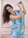 Gorgeous Sky-Blue Digital Printed Silk Event Wear Saree With Blouse - Zeel Clothing
