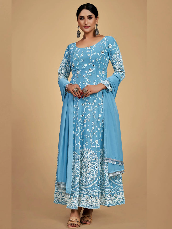 Gorgeous Sky Blue Dori Embroidered Georgette Festive Wear Anarkali Suit - Zeel Clothing