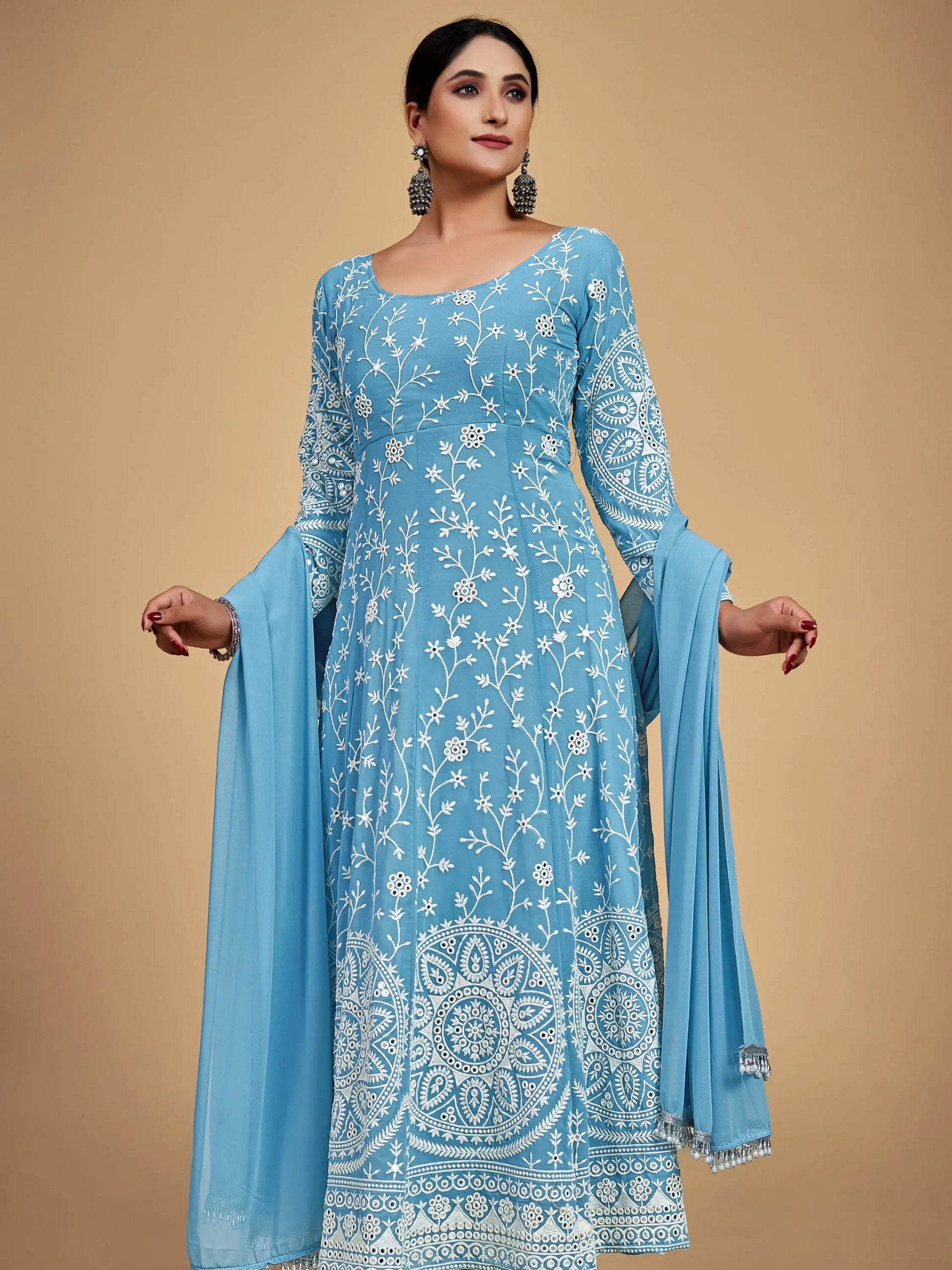 Gorgeous Sky Blue Dori Embroidered Georgette Festive Wear Anarkali Suit - Zeel Clothing