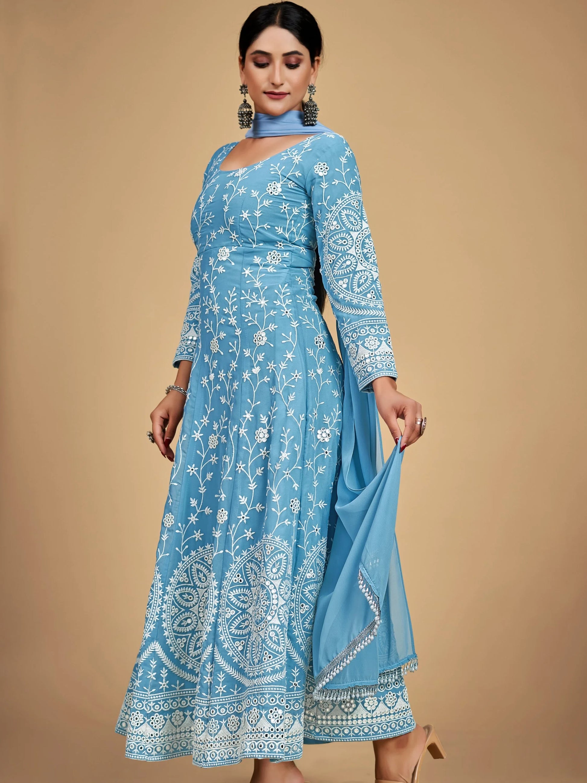 Gorgeous Sky Blue Dori Embroidered Georgette Festive Wear Anarkali Suit - Zeel Clothing