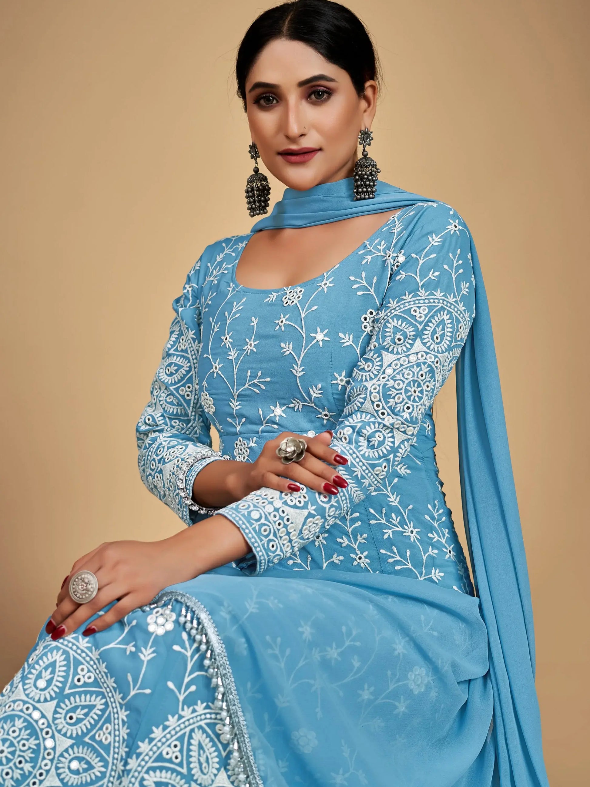 Gorgeous Sky Blue Dori Embroidered Georgette Festive Wear Anarkali Suit - Zeel Clothing