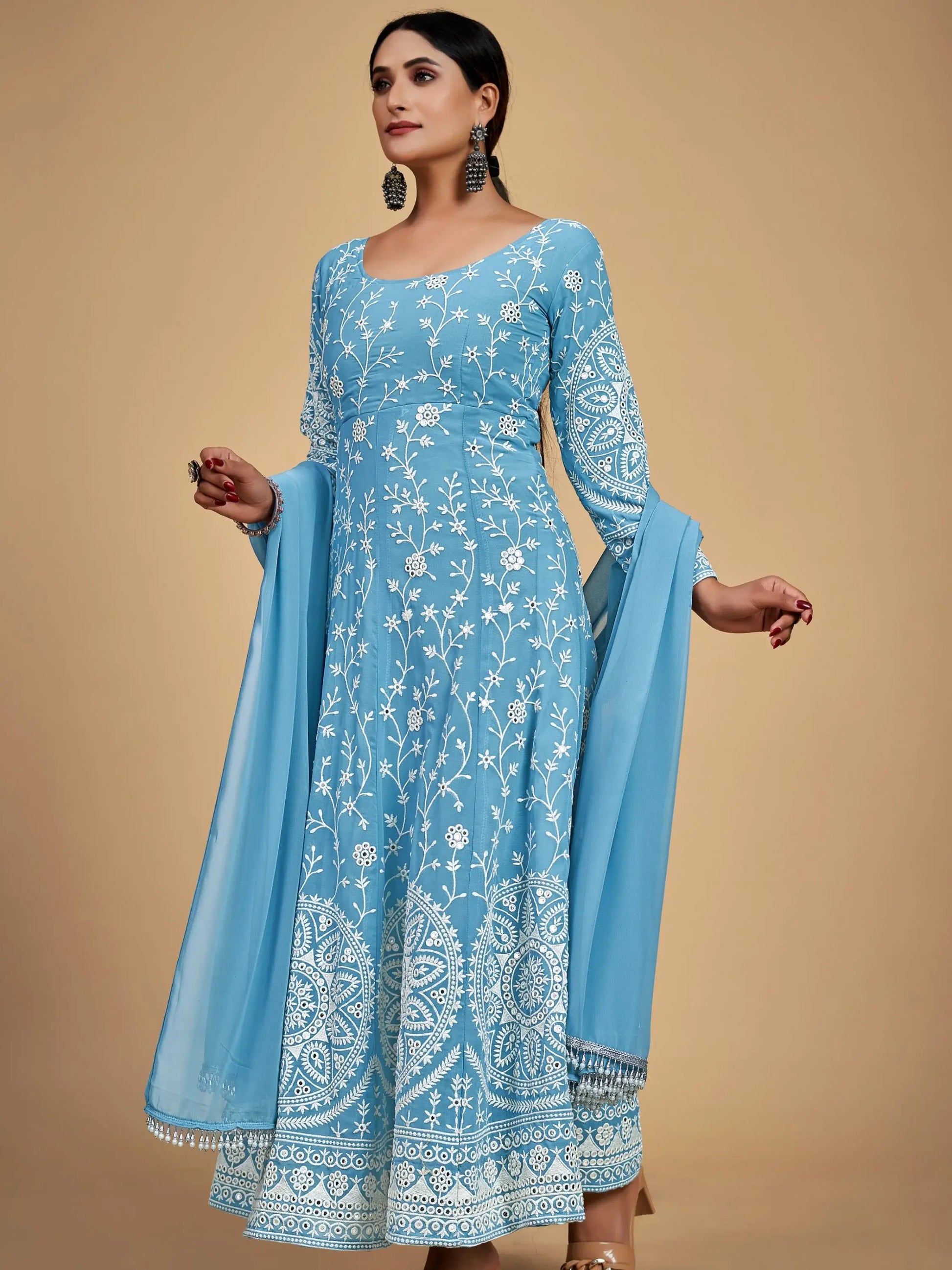 Gorgeous Sky Blue Dori Embroidered Georgette Festive Wear Anarkali Suit - Zeel Clothing