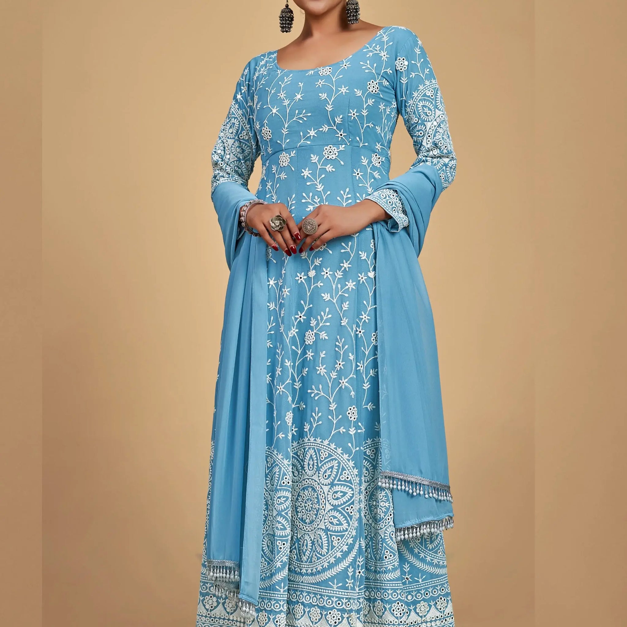 Gorgeous Sky Blue Dori Embroidered Georgette Festive Wear Anarkali Suit - Zeel Clothing