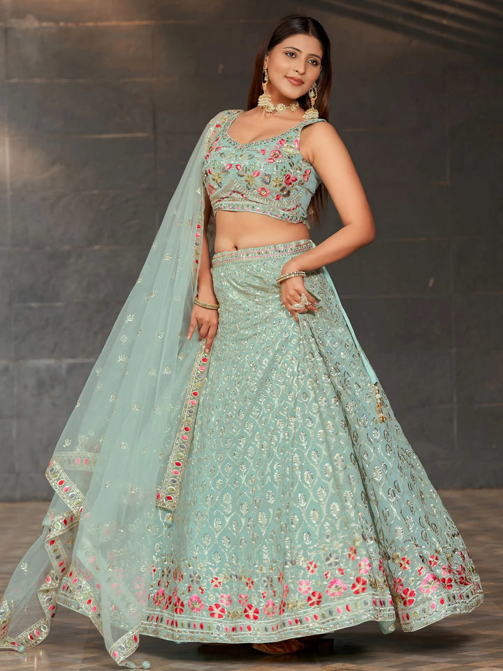 Gorgeous Sky-Blue Sequins Georgette Reception Wear Lehenga Choli