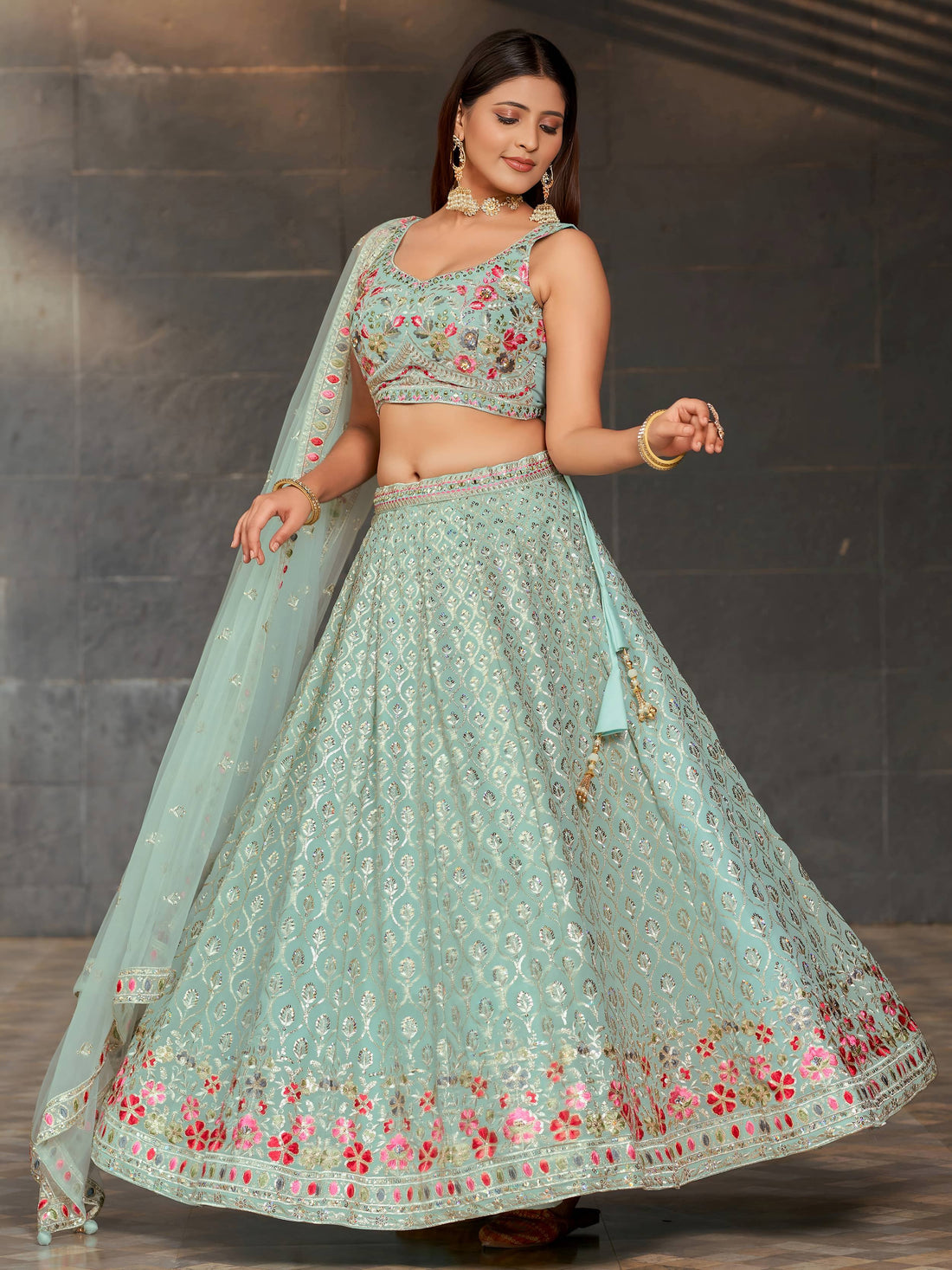 Gorgeous Sky-Blue Sequins Georgette Reception Wear Lehenga Choli