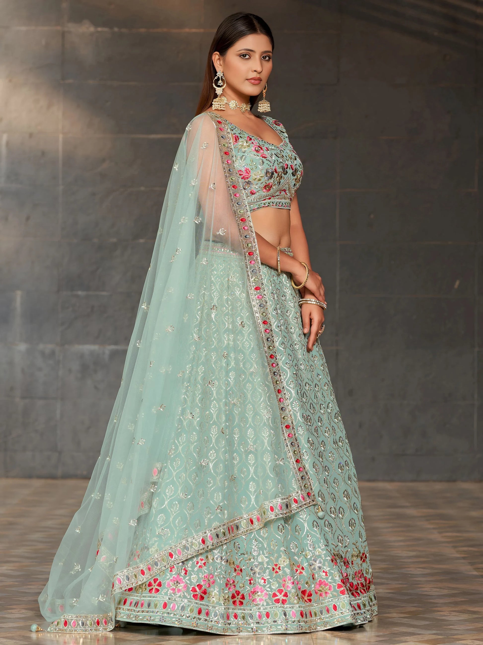 Gorgeous Sky-Blue Sequins Georgette Reception Wear Lehenga Choli