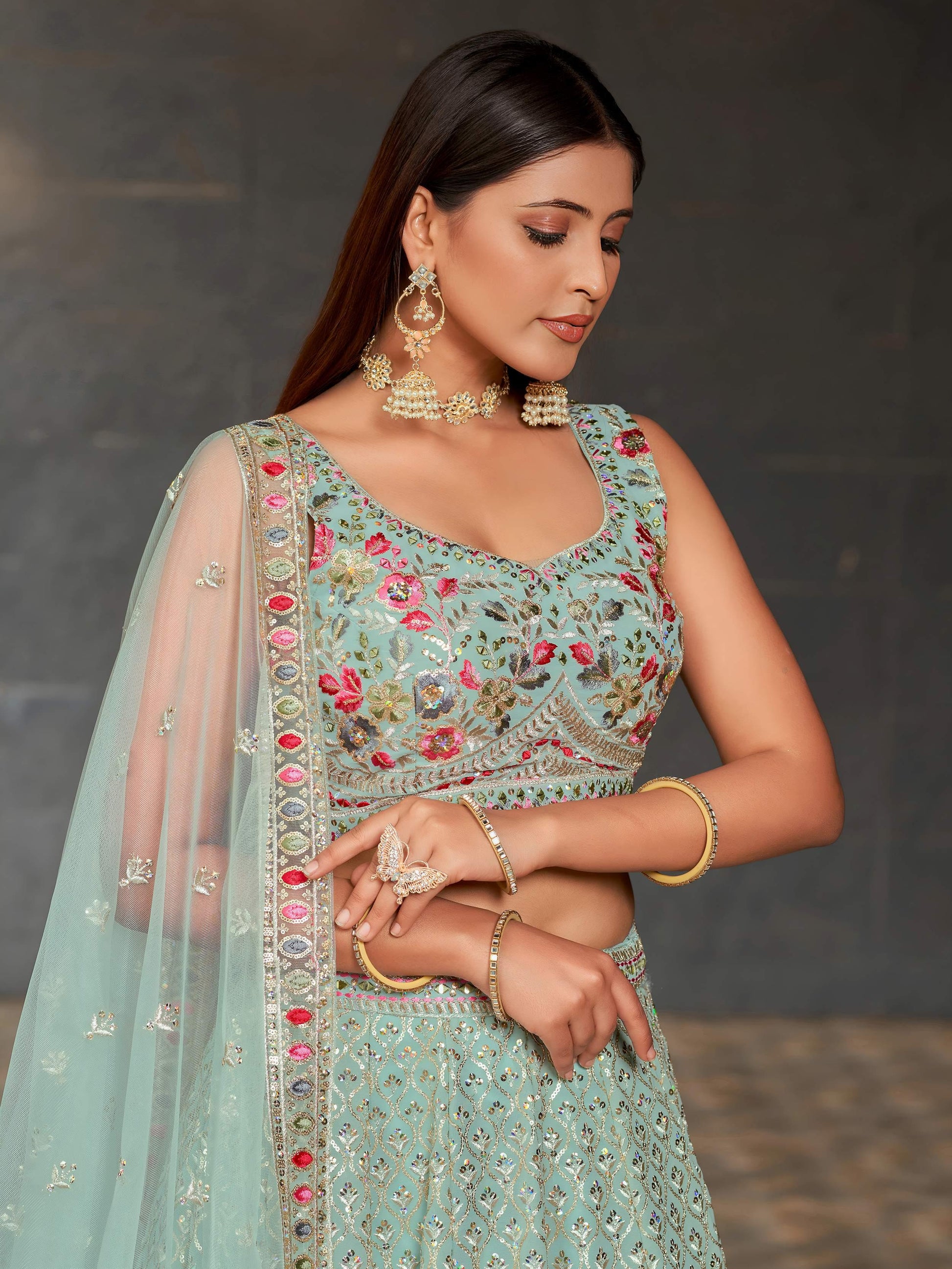 Gorgeous Sky-Blue Sequins Georgette Reception Wear Lehenga Choli