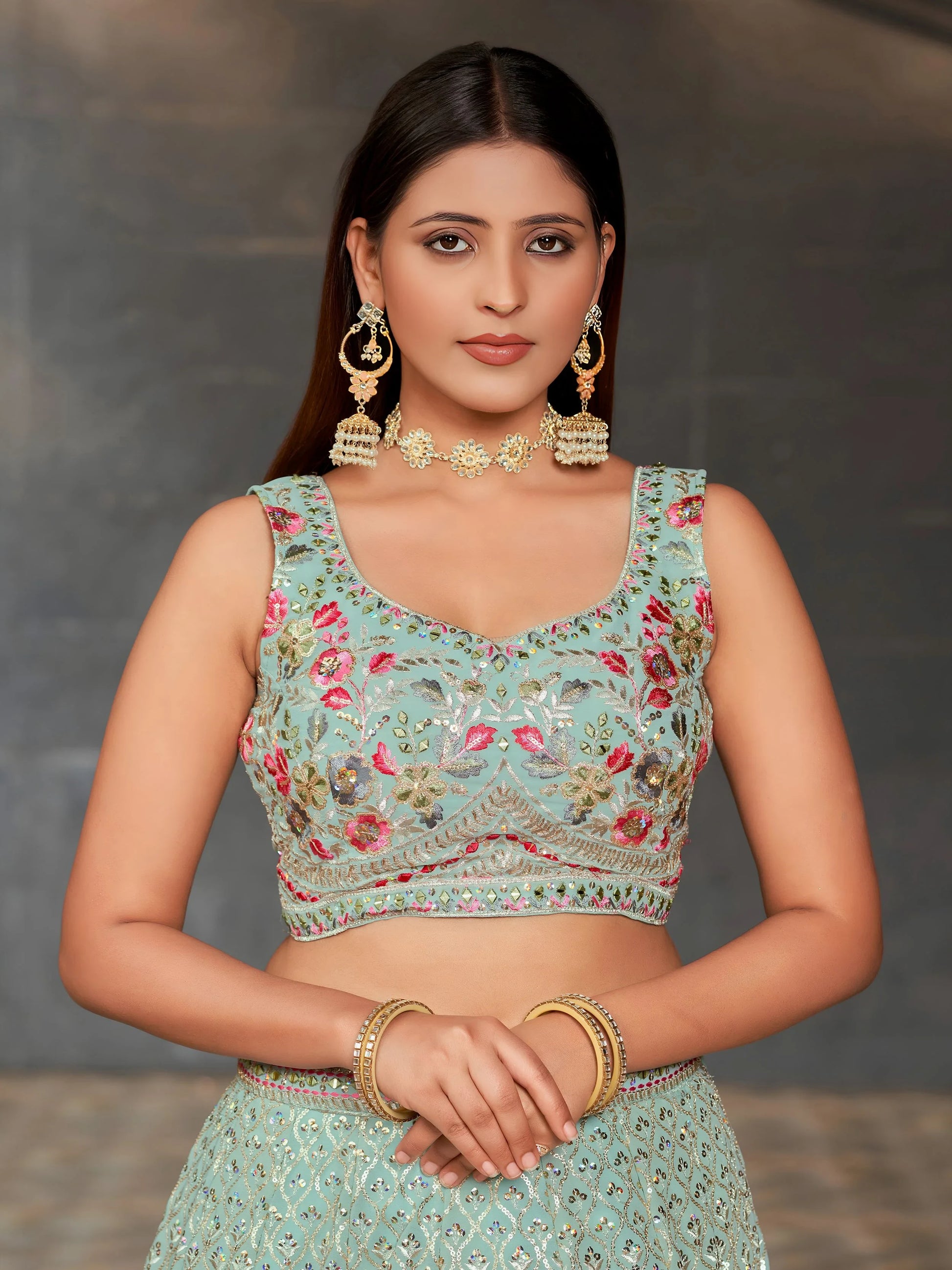 Gorgeous Sky-Blue Sequins Georgette Reception Wear Lehenga Choli