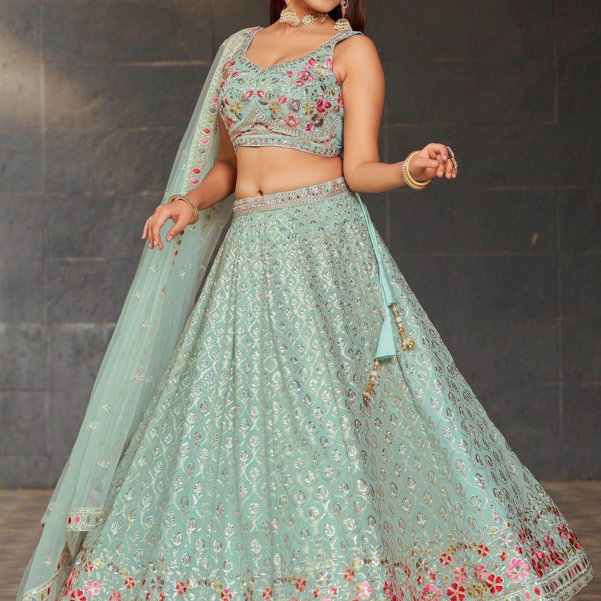 Gorgeous Sky-Blue Sequins Georgette Reception Wear Lehenga Choli - Zeel Clothing