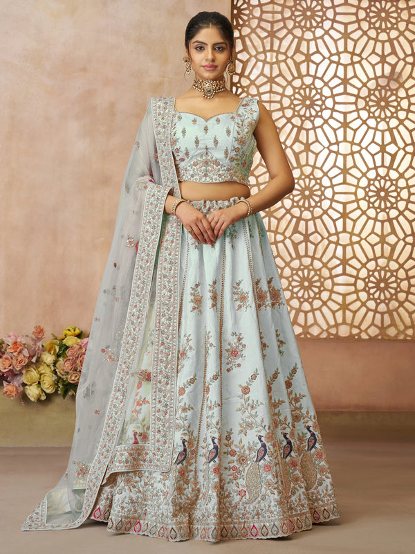 Gorgeous Sky-Blue Sequins Silk Bridesmaid Lehenga Choli With Dupatta - Zeel Clothing