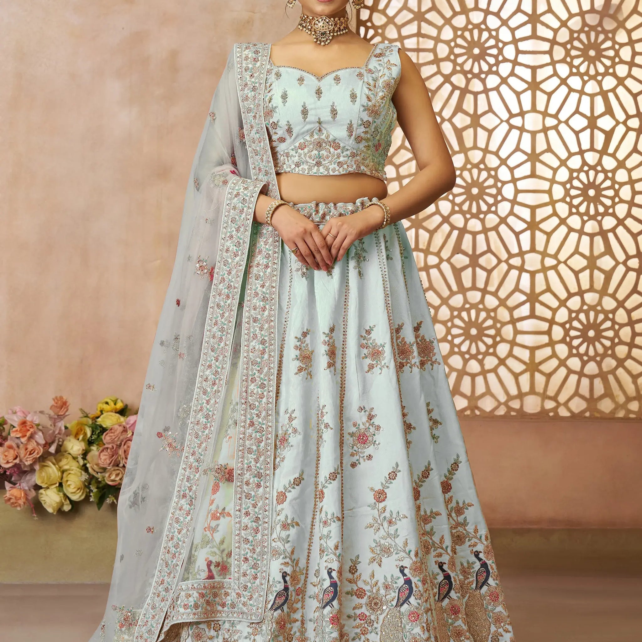 Gorgeous Sky-Blue Sequins Silk Bridesmaid Lehenga Choli With Dupatta - Zeel Clothing