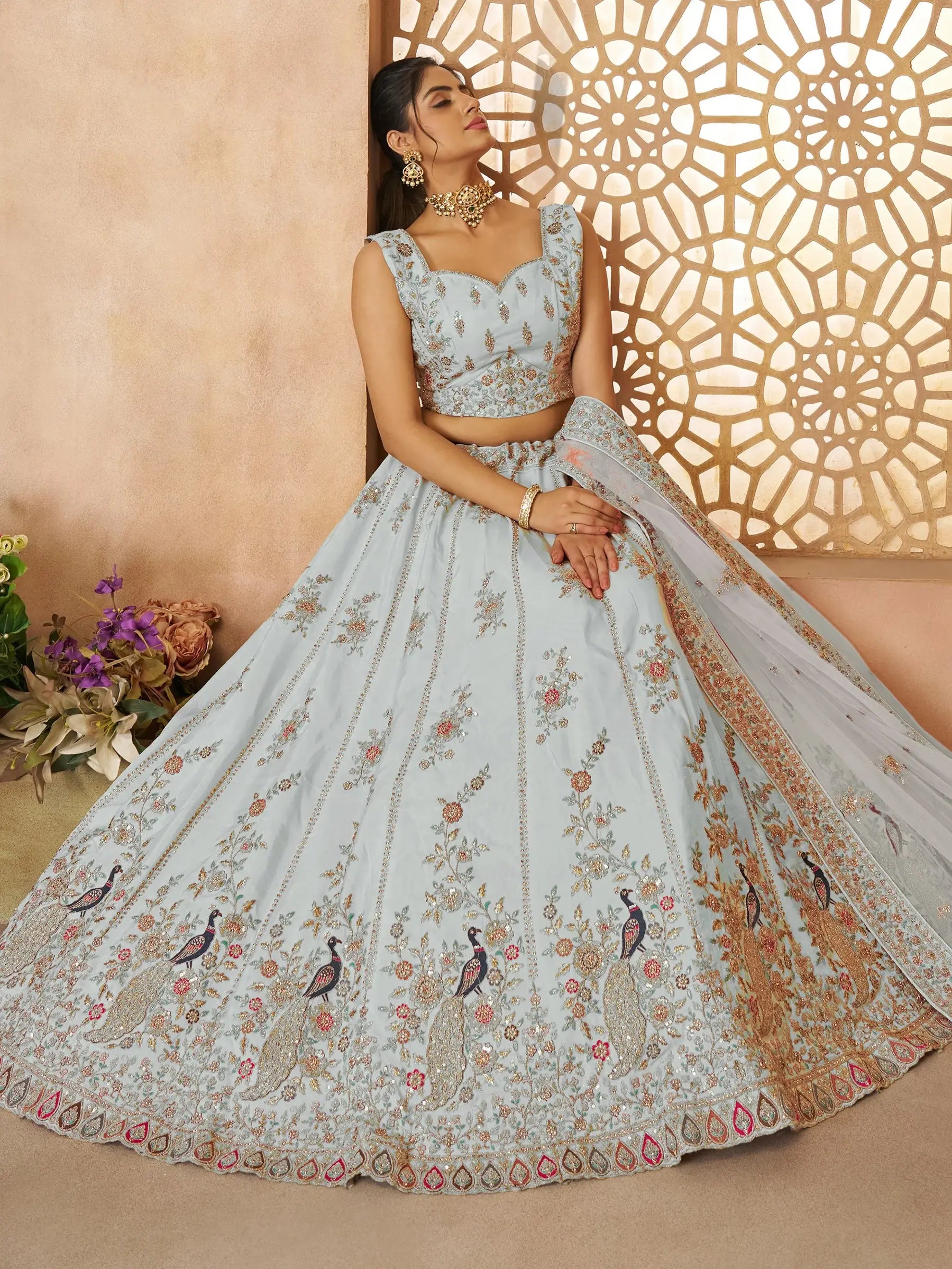 Gorgeous Sky-Blue Sequins Silk Bridesmaid Lehenga Choli With Dupatta - Zeel Clothing
