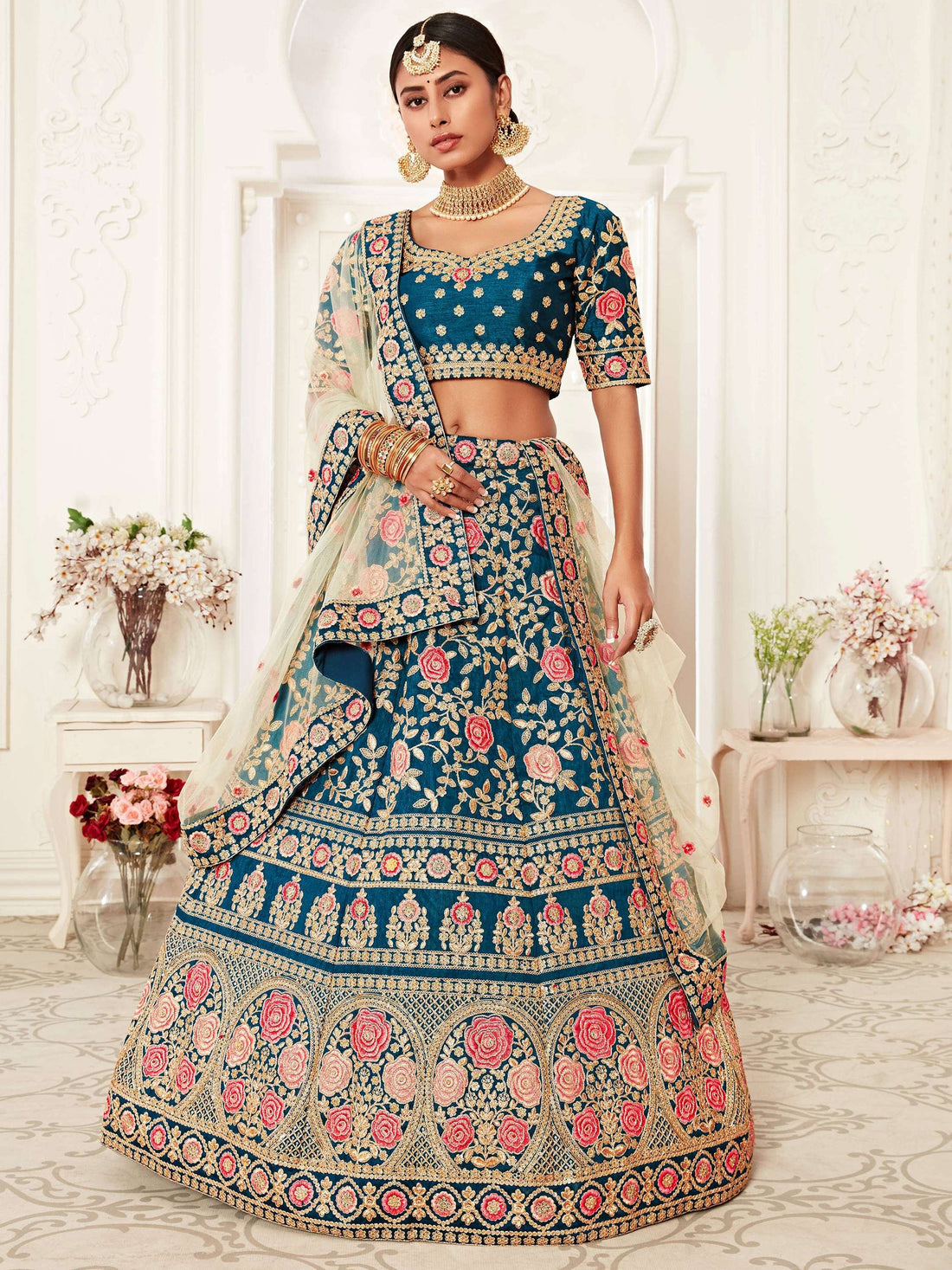 Gorgeous Teal Blue Embroidered Silk Bridal Wear Lehenga Choli - Zeel Clothing