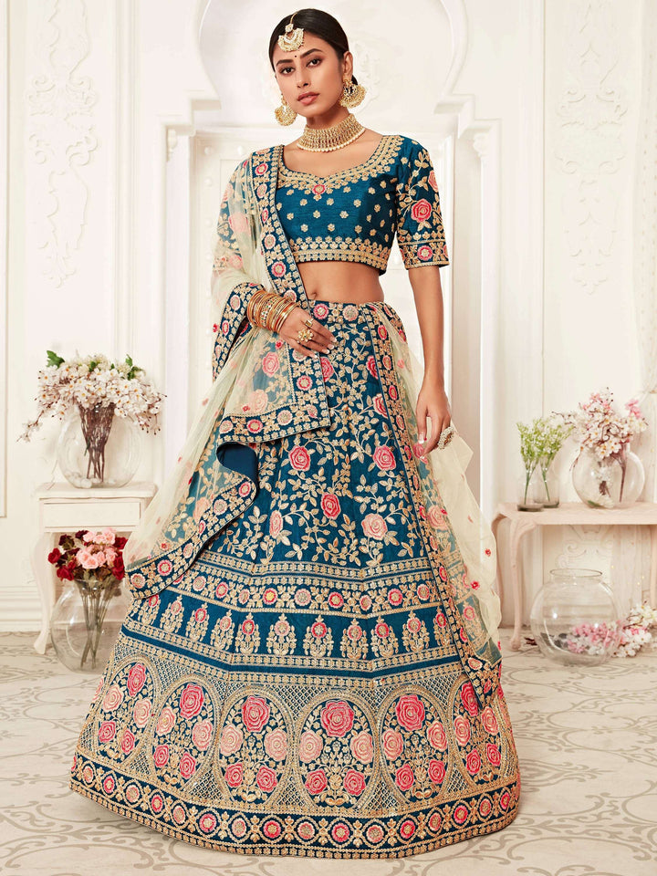 Gorgeous Teal Blue Embroidered Silk Bridal Wear Lehenga Choli - Zeel Clothing