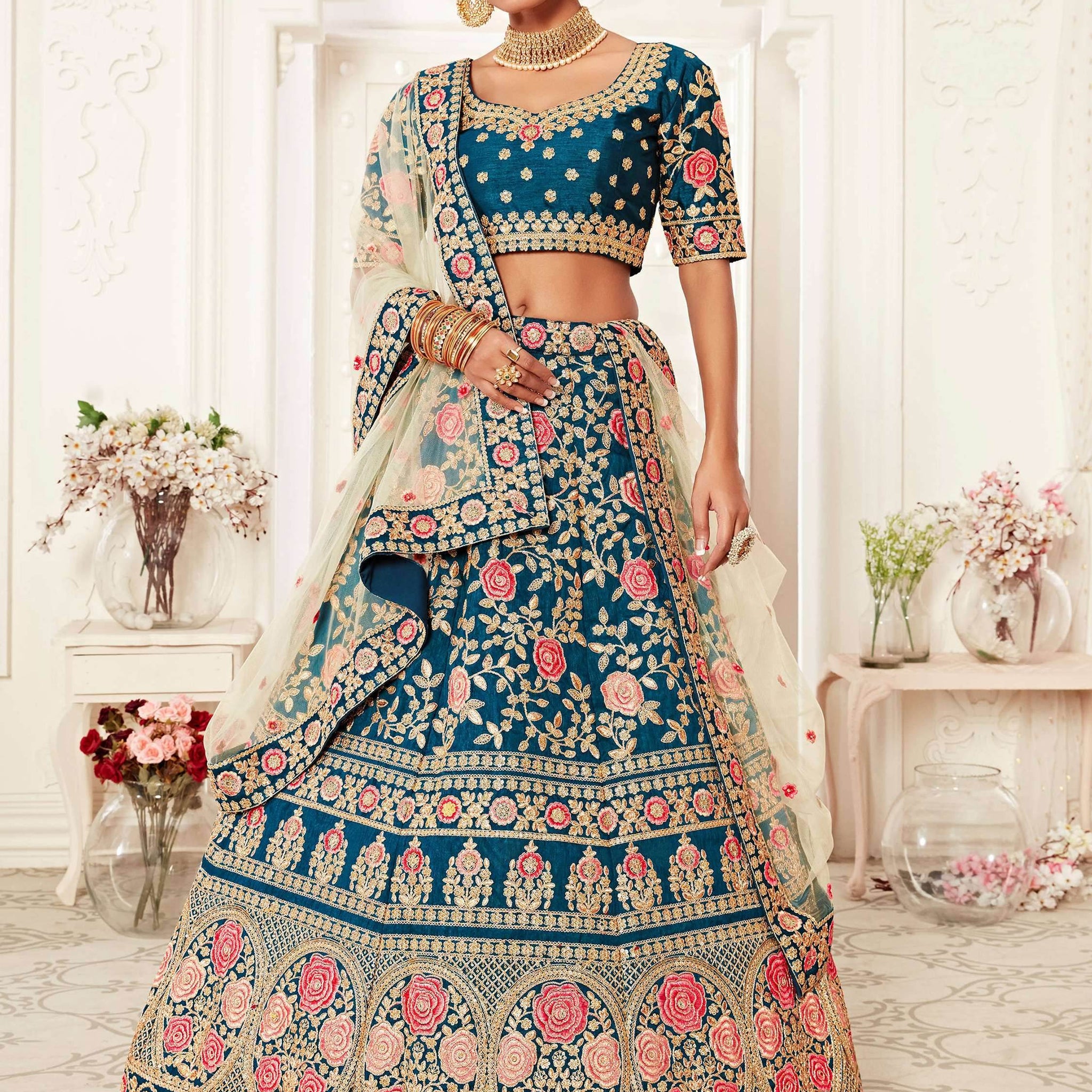 Gorgeous Teal Blue Embroidered Silk Bridal Wear Lehenga Choli - Zeel Clothing
