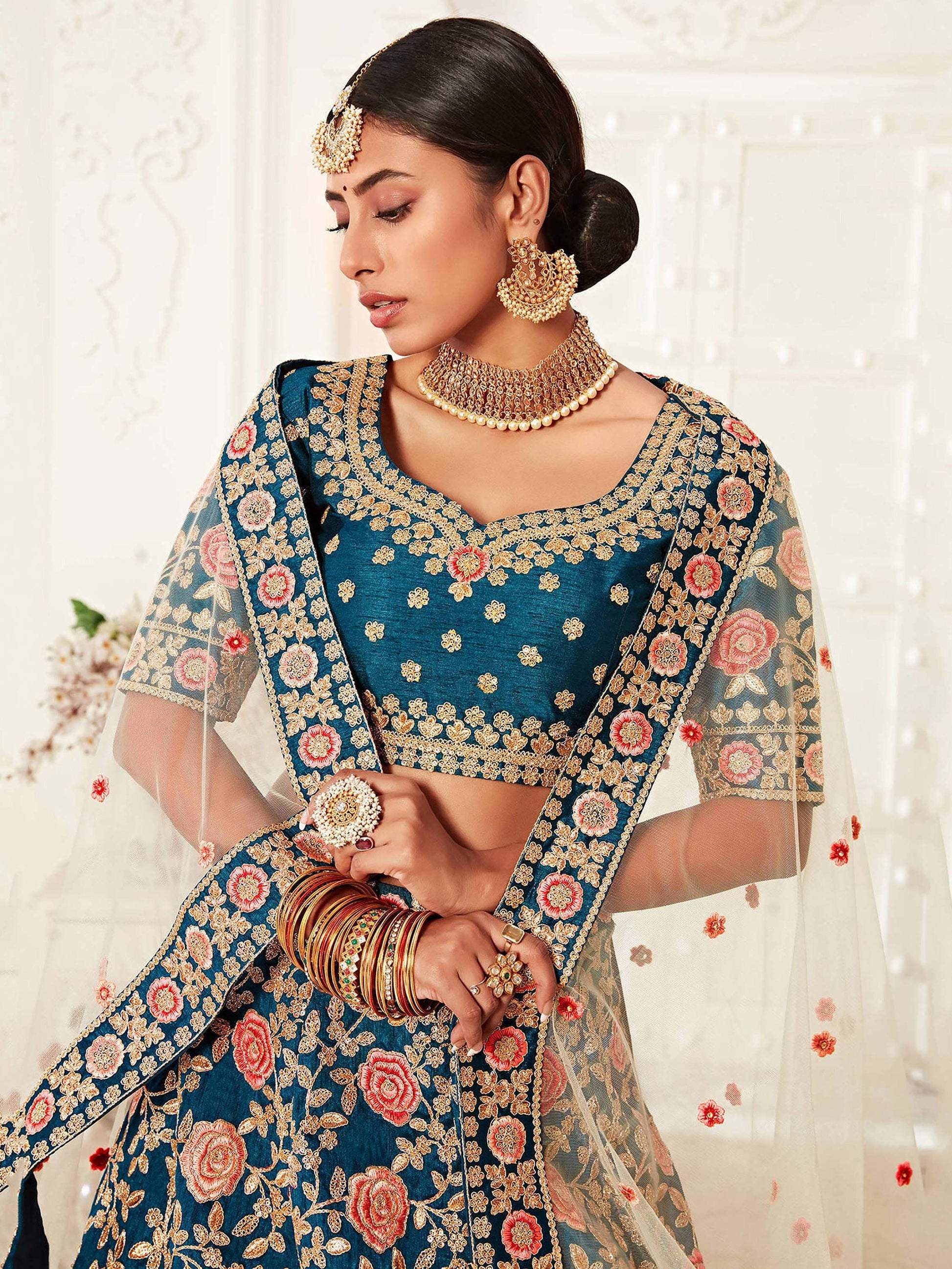 Gorgeous Teal Blue Embroidered Silk Bridal Wear Lehenga Choli - Zeel Clothing