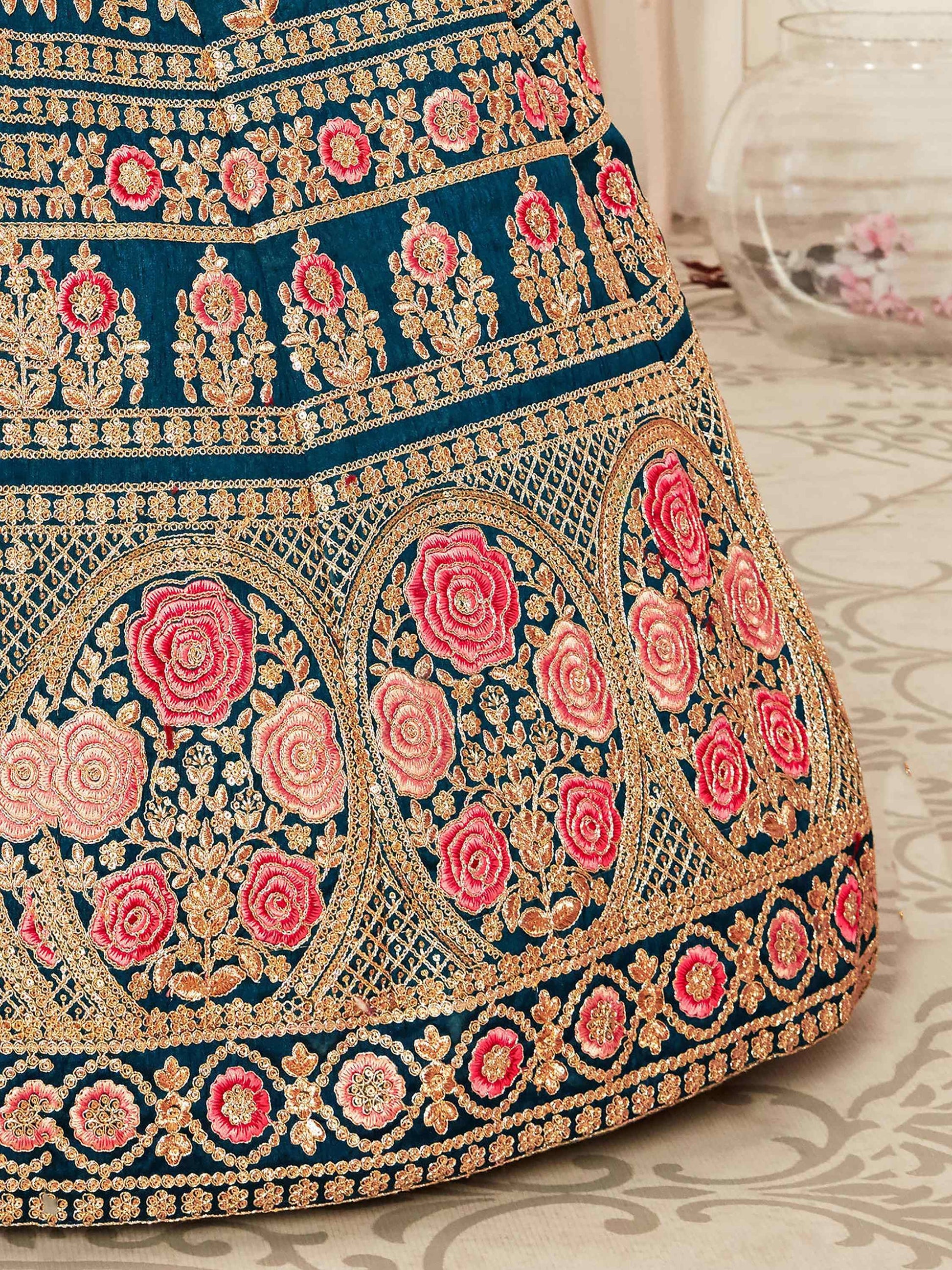 Gorgeous Teal Blue Embroidered Silk Bridal Wear Lehenga Choli - Zeel Clothing