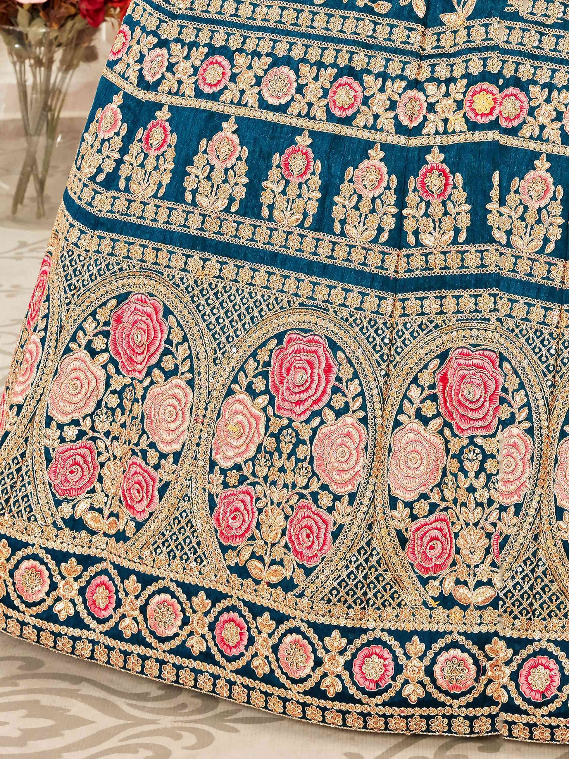 Gorgeous Teal Blue Embroidered Silk Bridal Wear Lehenga Choli - Zeel Clothing