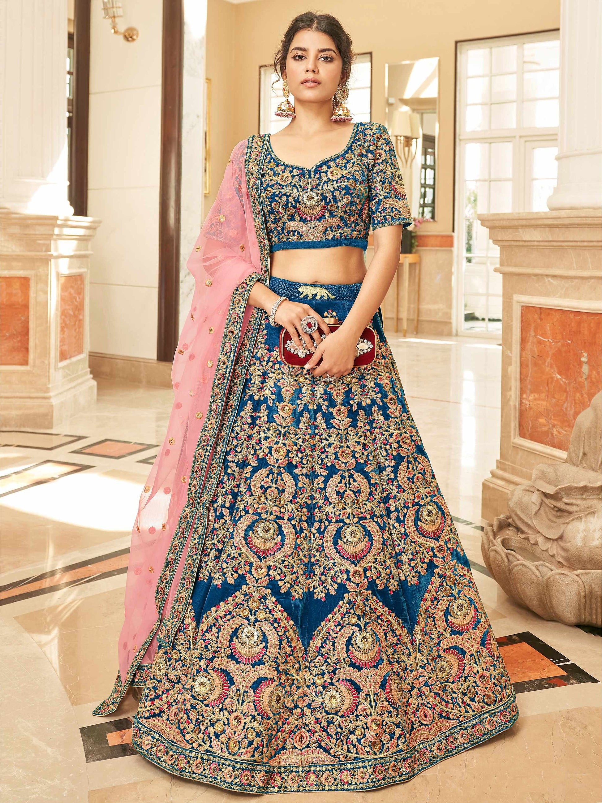 Gorgeous Teal Blue Embroidered Velvet Bridal Wear Lehenga Choli - Zeel Clothing