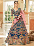 Gorgeous Teal Blue Embroidered Velvet Bridal Wear Lehenga Choli - Zeel Clothing
