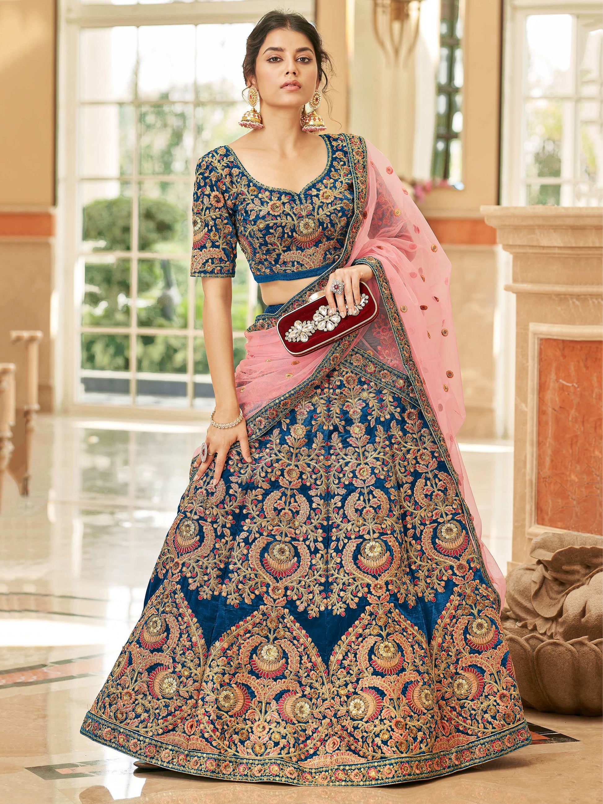 Gorgeous Teal Blue Embroidered Velvet Bridal Wear Lehenga Choli - Zeel Clothing