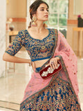 Gorgeous Teal Blue Embroidered Velvet Bridal Wear Lehenga Choli - Zeel Clothing