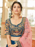 Gorgeous Teal Blue Embroidered Velvet Bridal Wear Lehenga Choli - Zeel Clothing