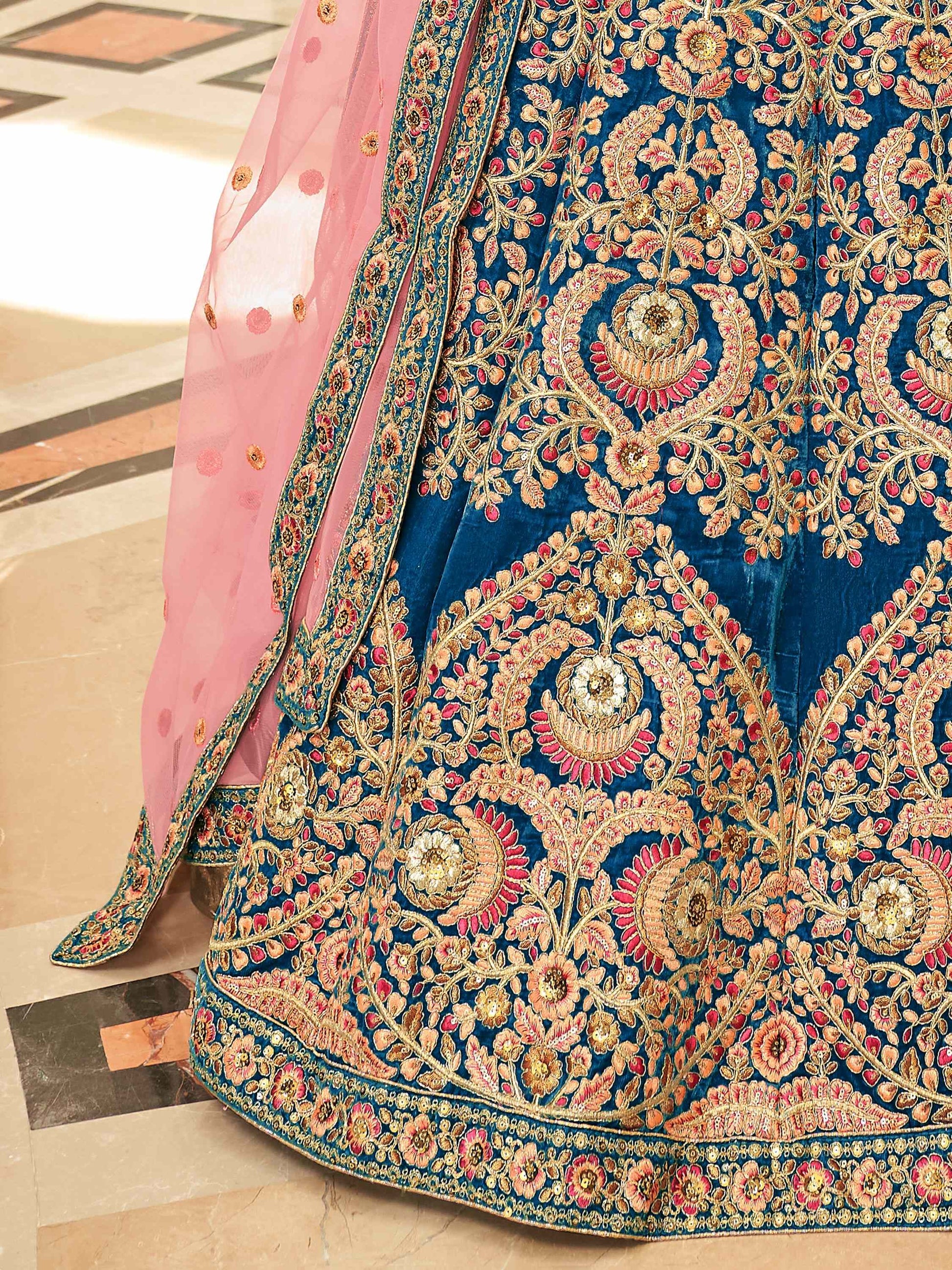 Gorgeous Teal Blue Embroidered Velvet Bridal Wear Lehenga Choli - Zeel Clothing