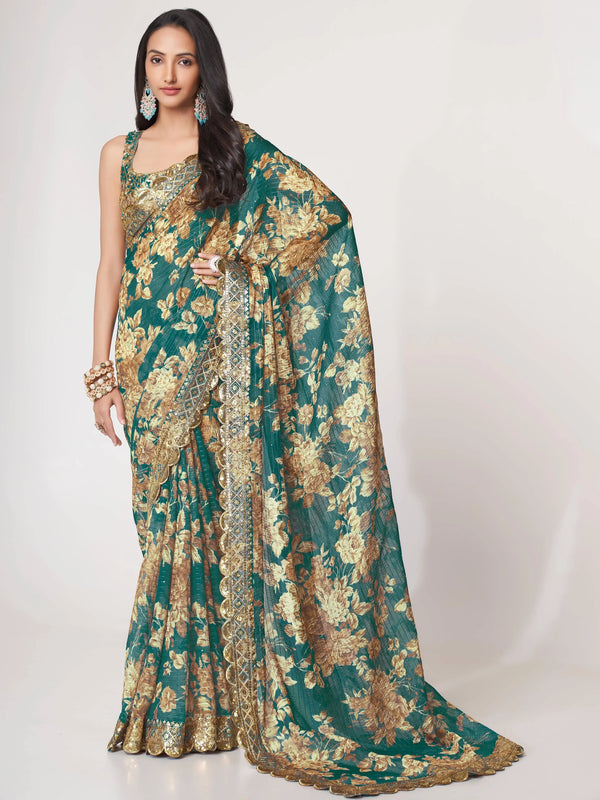 Gorgeous Teal Blue Floral Print Organza Classic Saree With Blouse - Zeel Clothing