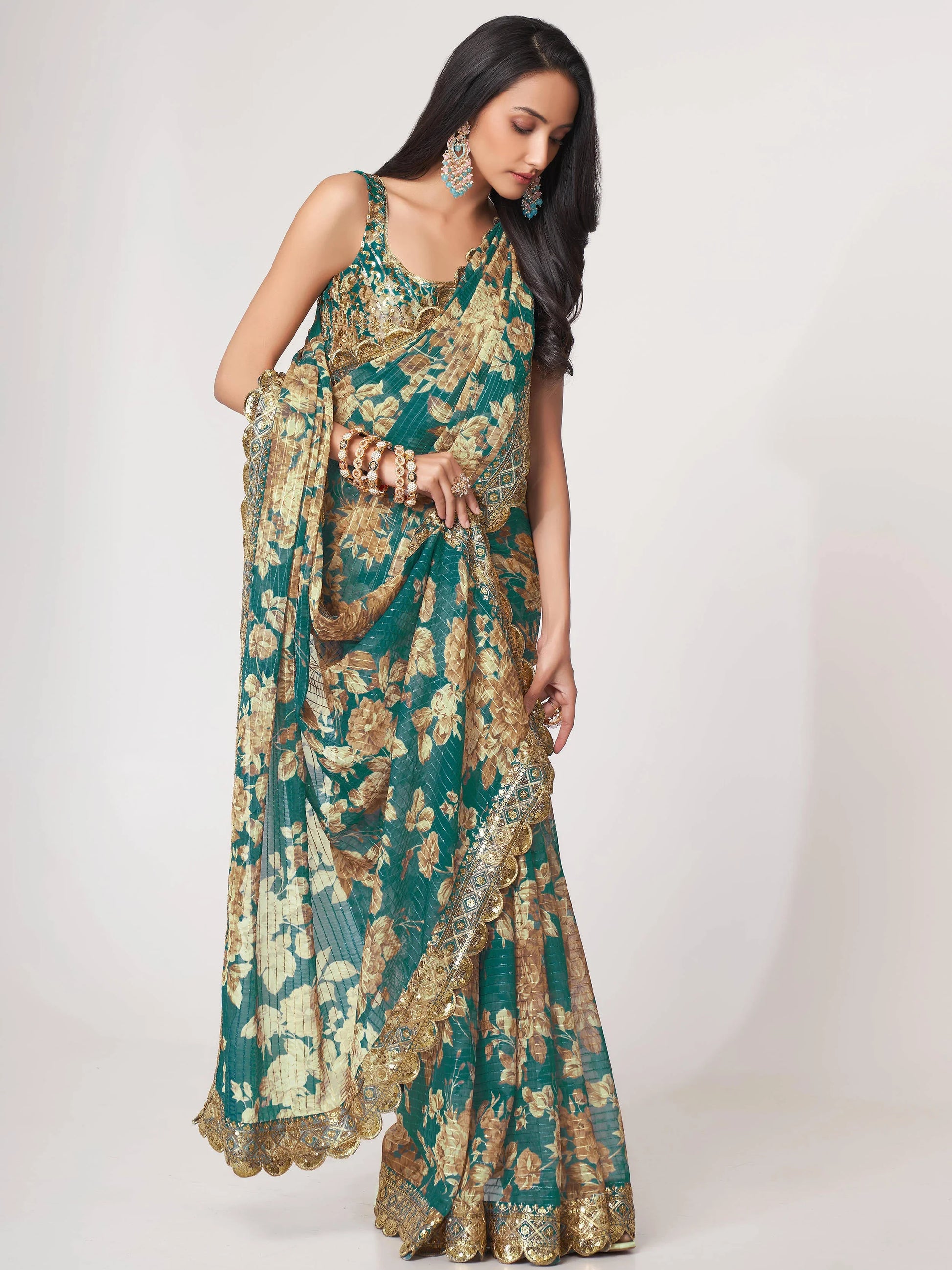 Gorgeous Teal Blue Floral Print Organza Classic Saree With Blouse - Zeel Clothing