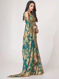 Gorgeous Teal Blue Floral Print Organza Classic Saree With Blouse - Zeel Clothing