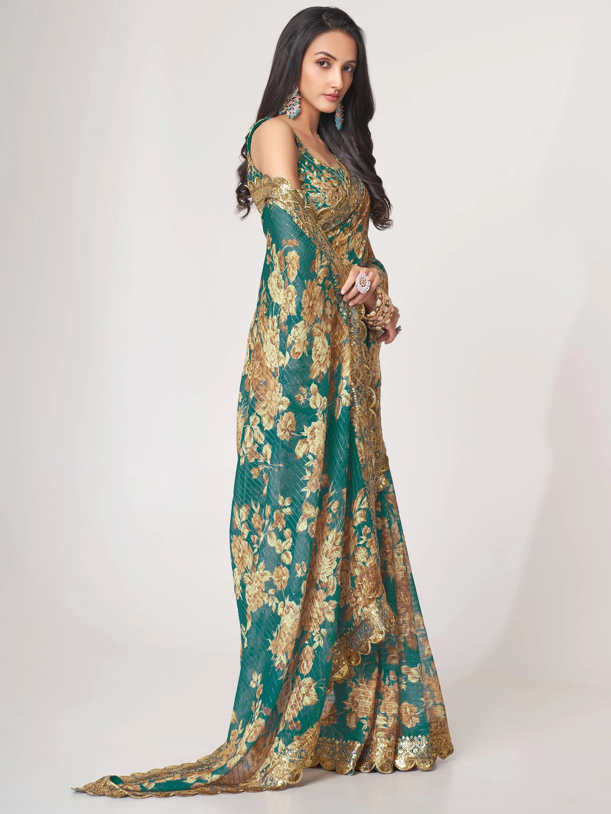 Gorgeous Teal Blue Floral Print Organza Classic Saree With Blouse - Zeel Clothing