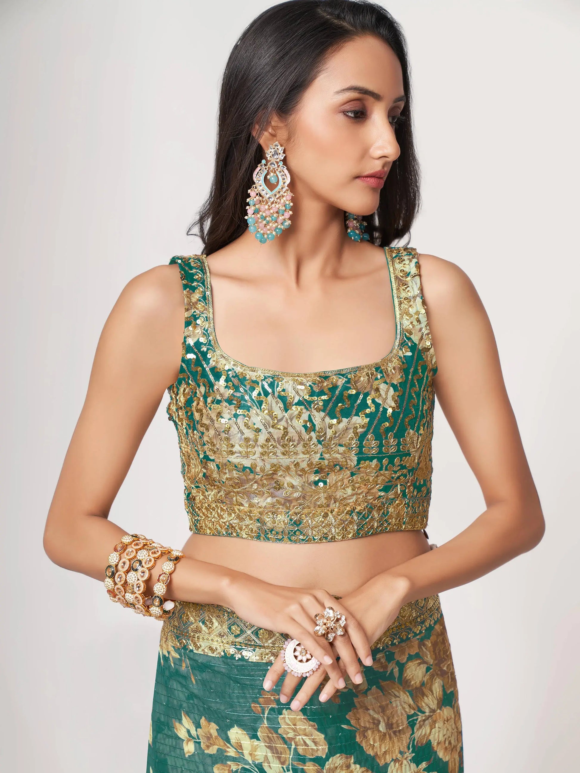 Gorgeous Teal Blue Floral Print Organza Classic Saree With Blouse - Zeel Clothing