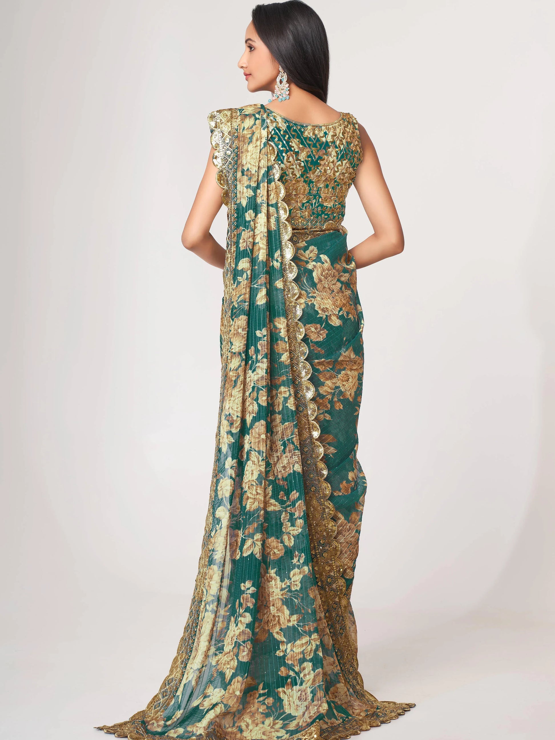 Gorgeous Teal Blue Floral Print Organza Classic Saree With Blouse - Zeel Clothing