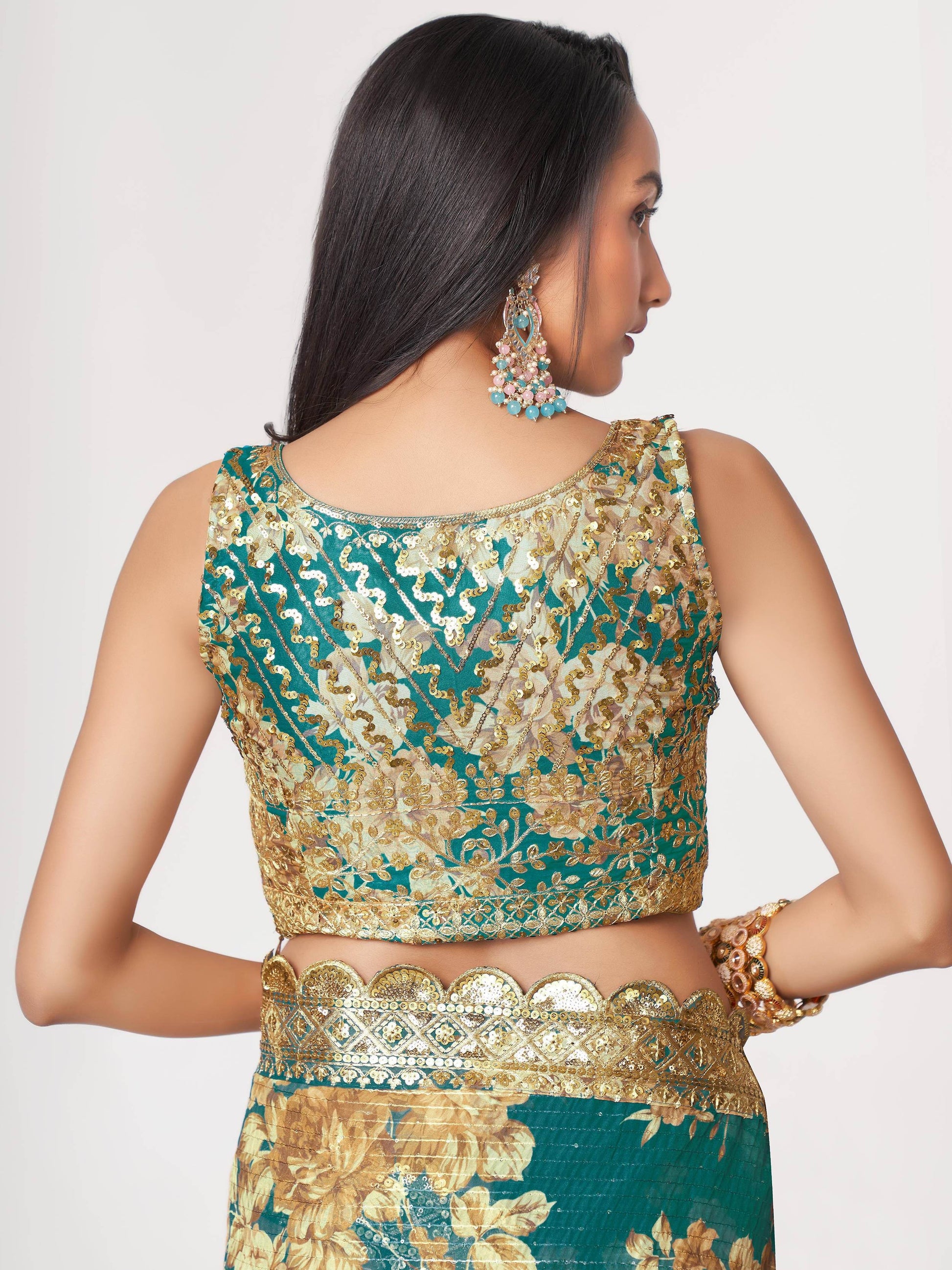 Gorgeous Teal Blue Floral Print Organza Classic Saree With Blouse - Zeel Clothing