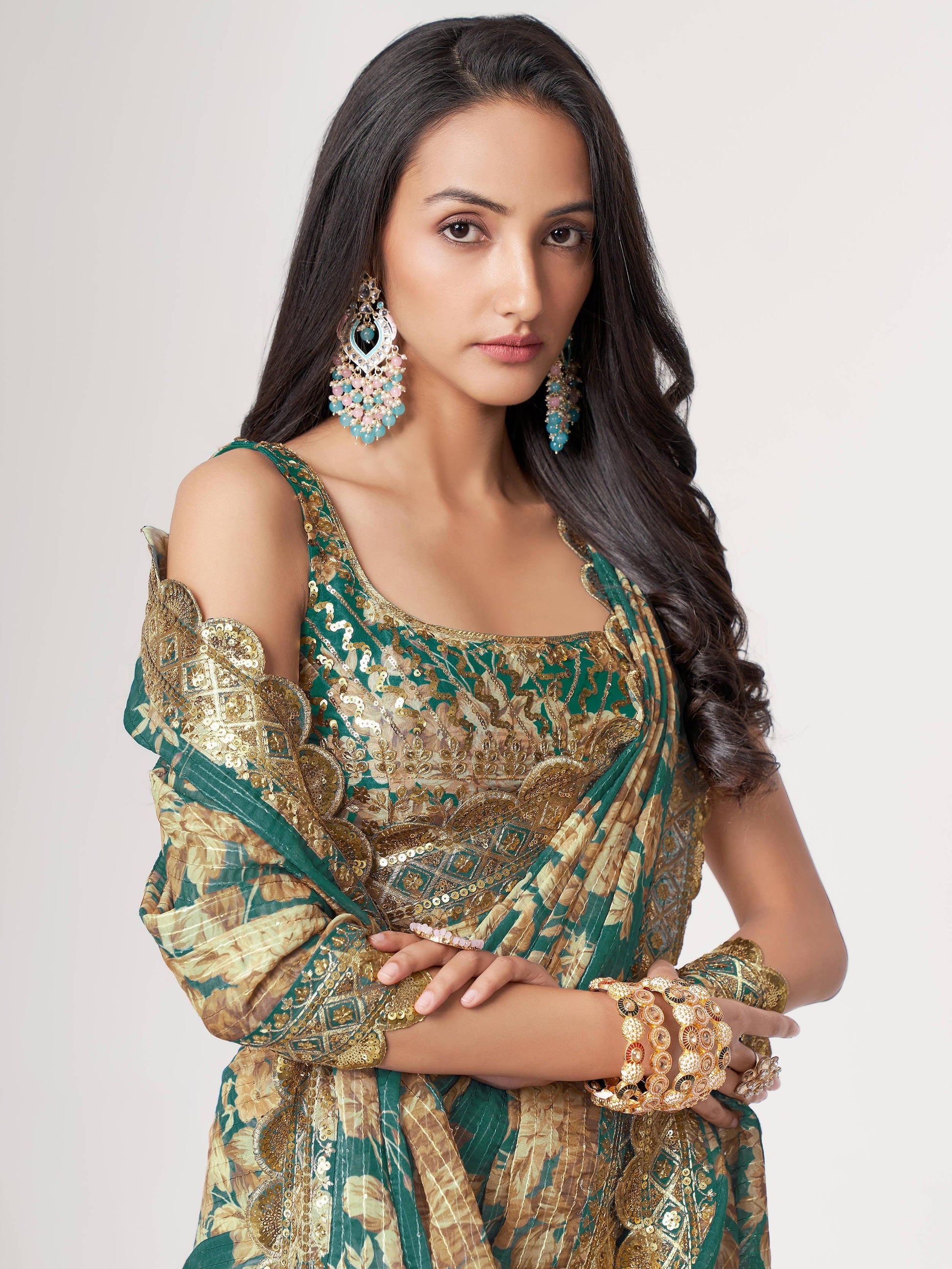 Gorgeous Teal Blue Floral Print Organza Classic Saree With Blouse - Zeel Clothing