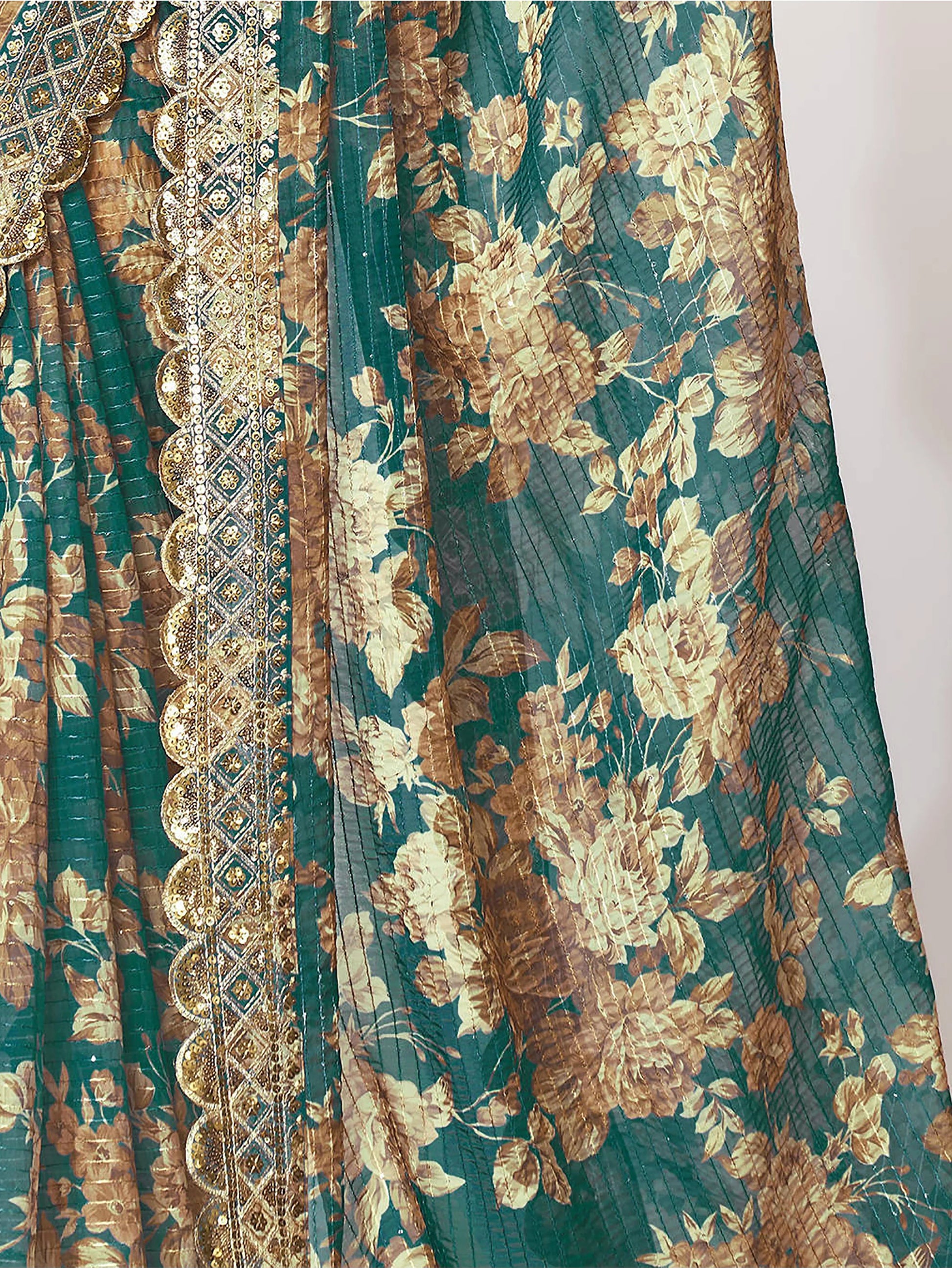 Gorgeous Teal Blue Floral Print Organza Classic Saree With Blouse - Zeel Clothing
