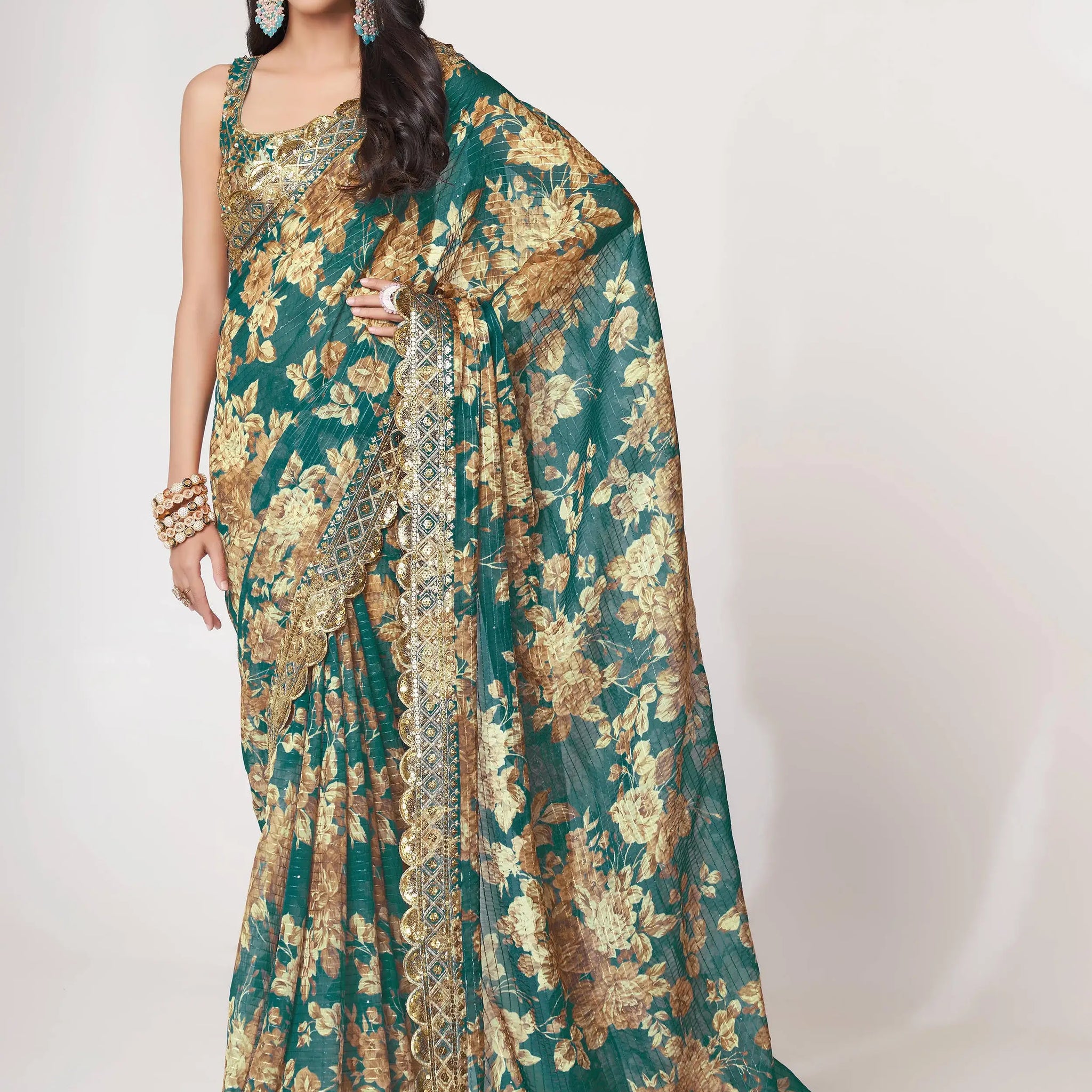 Gorgeous Teal Blue Floral Print Organza Classic Saree With Blouse - Zeel Clothing