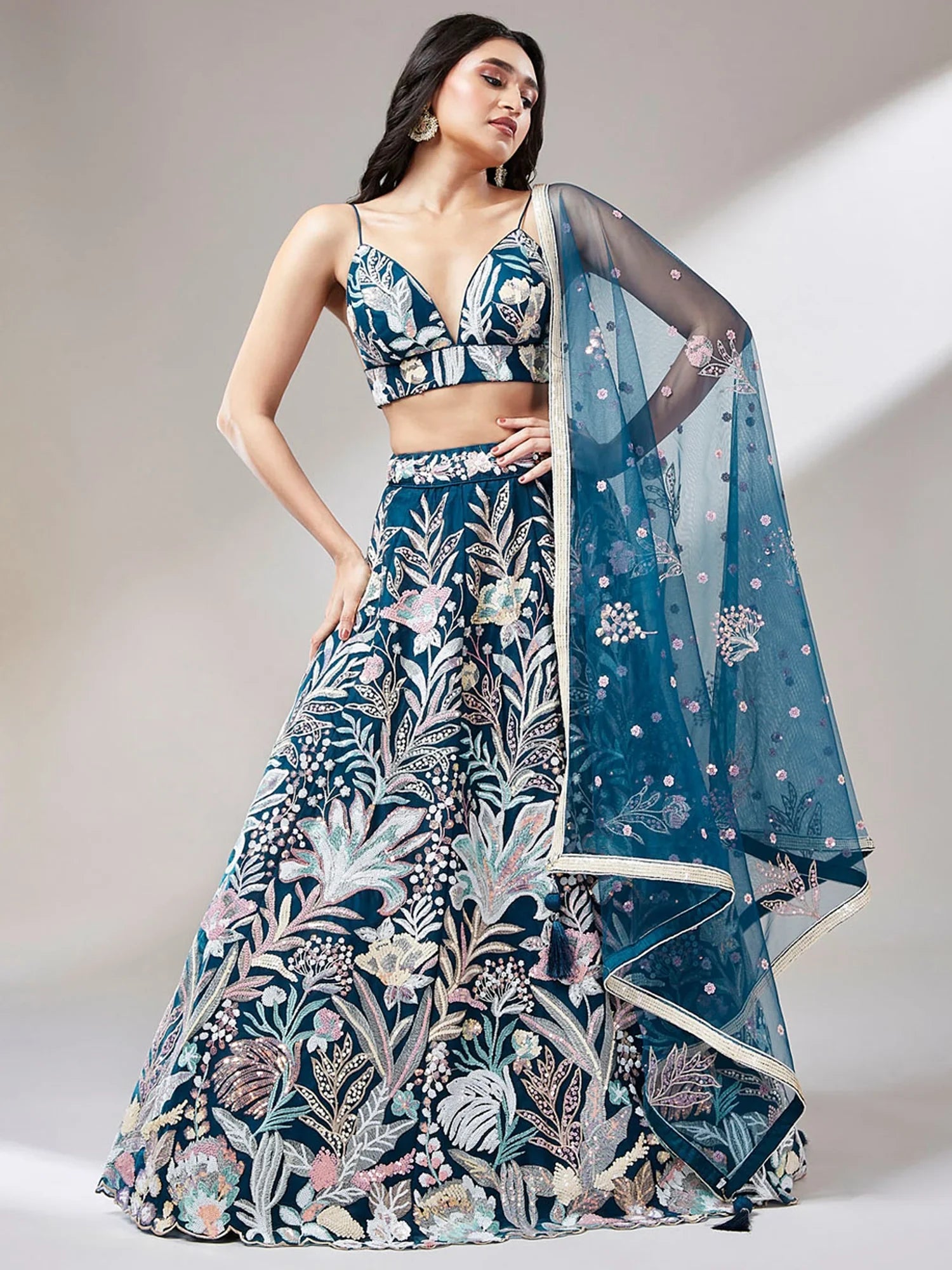 Gorgeous Teal Blue Sequins Net Designer Lehenga Choli With Dupatta - Zeel Clothing