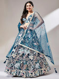 Gorgeous Teal Blue Sequins Net Designer Lehenga Choli With Dupatta - Zeel Clothing