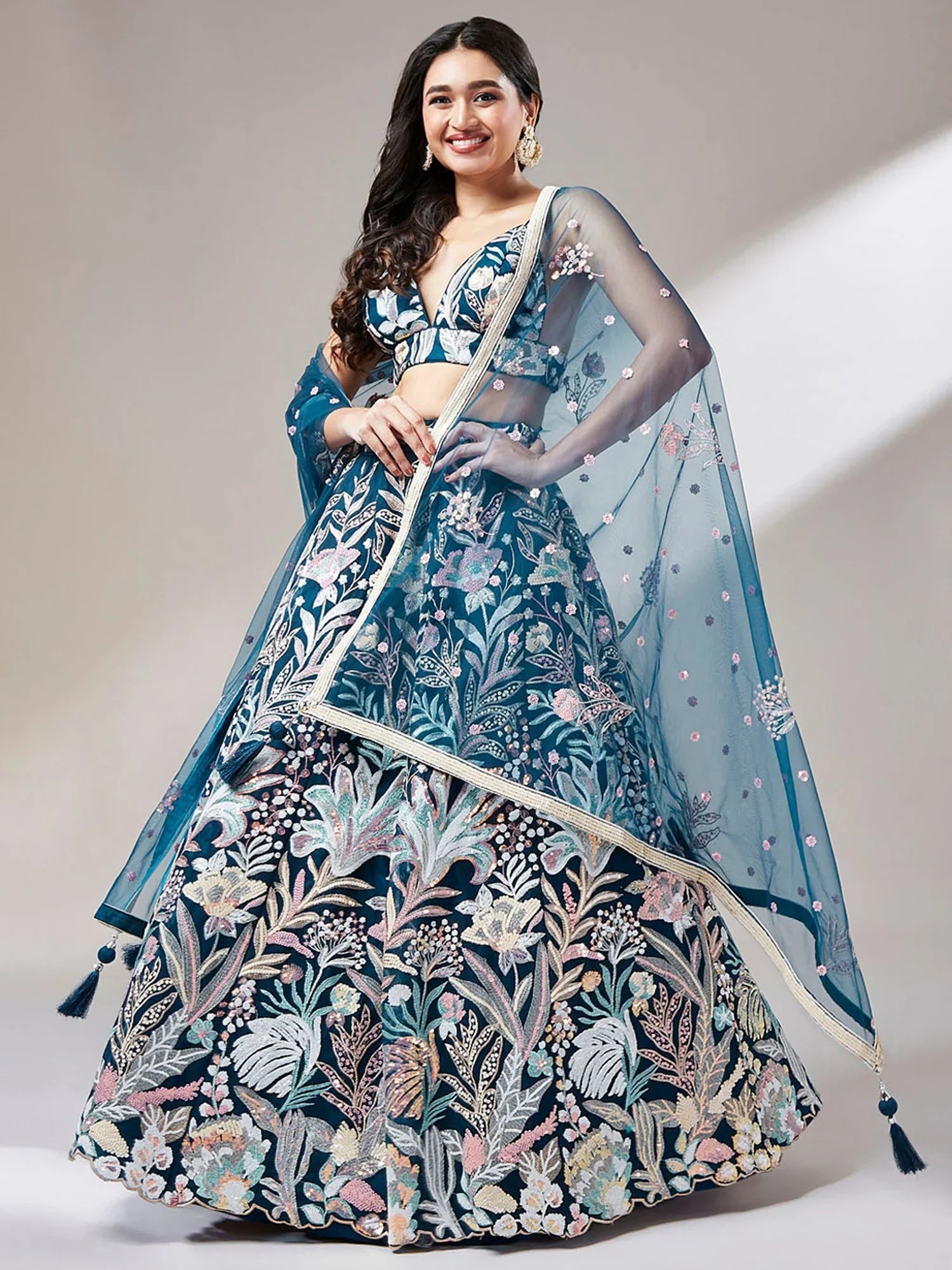 Gorgeous Teal Blue Sequins Net Designer Lehenga Choli With Dupatta - Zeel Clothing