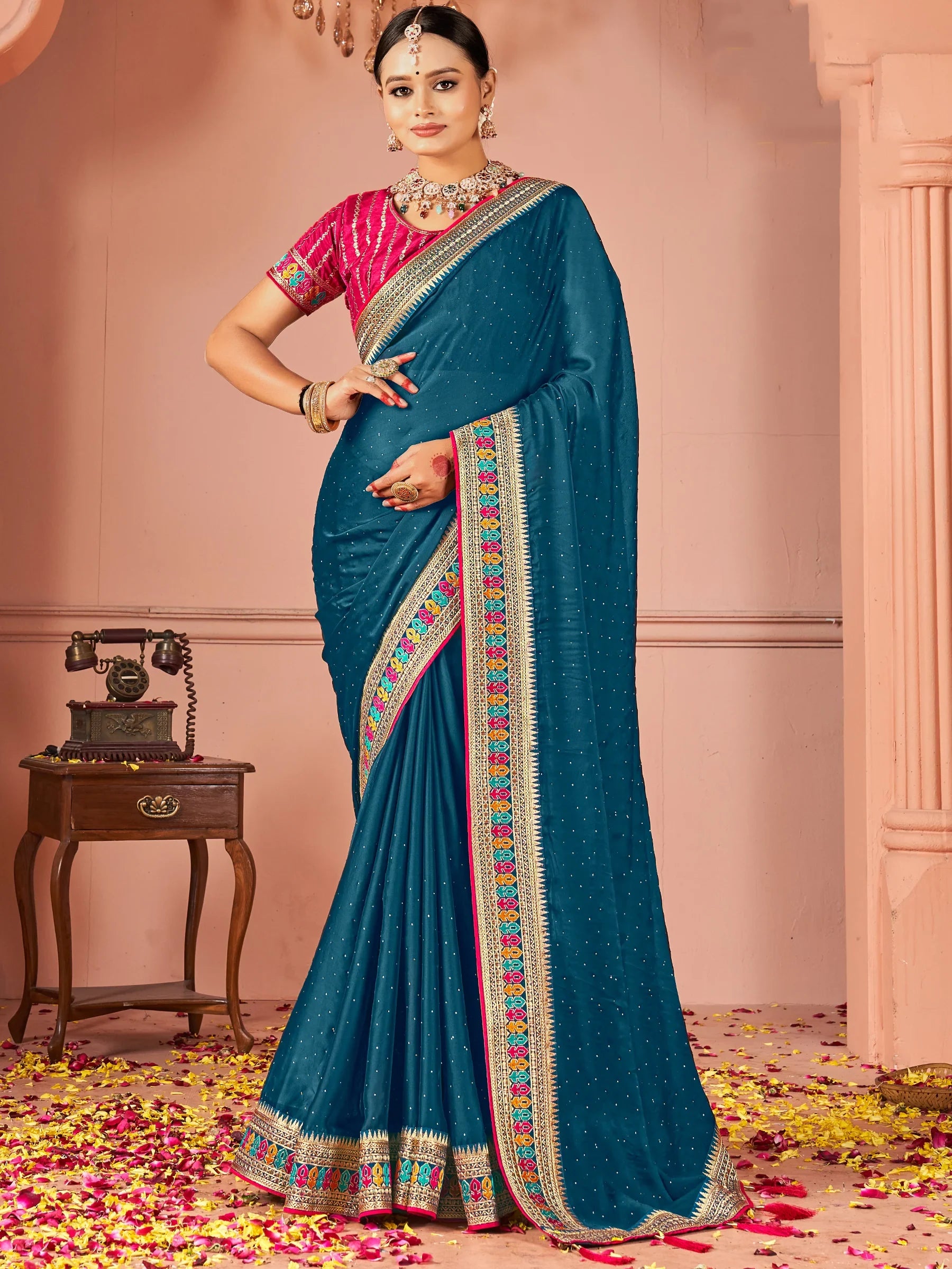 Gorgeous Teal Blue Swarovski Work Silk Party Wear Saree - Zeel Clothing
