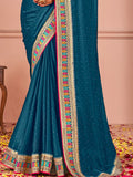 Gorgeous Teal Blue Swarovski Work Silk Party Wear Saree - Zeel Clothing