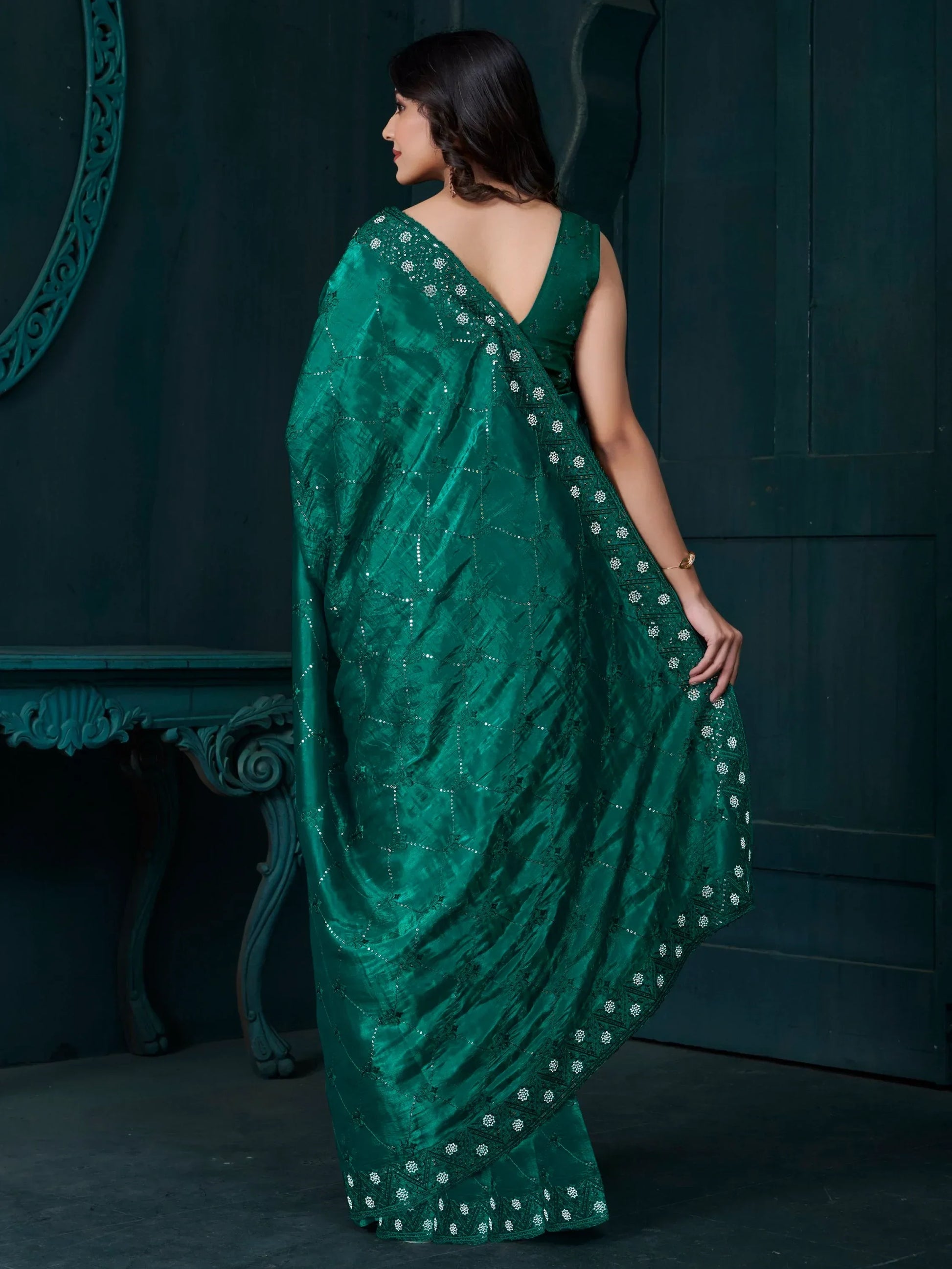 Gorgeous Teal Green Sequins Work Silk Festive Wear Saree With Blouse - Zeel Clothing