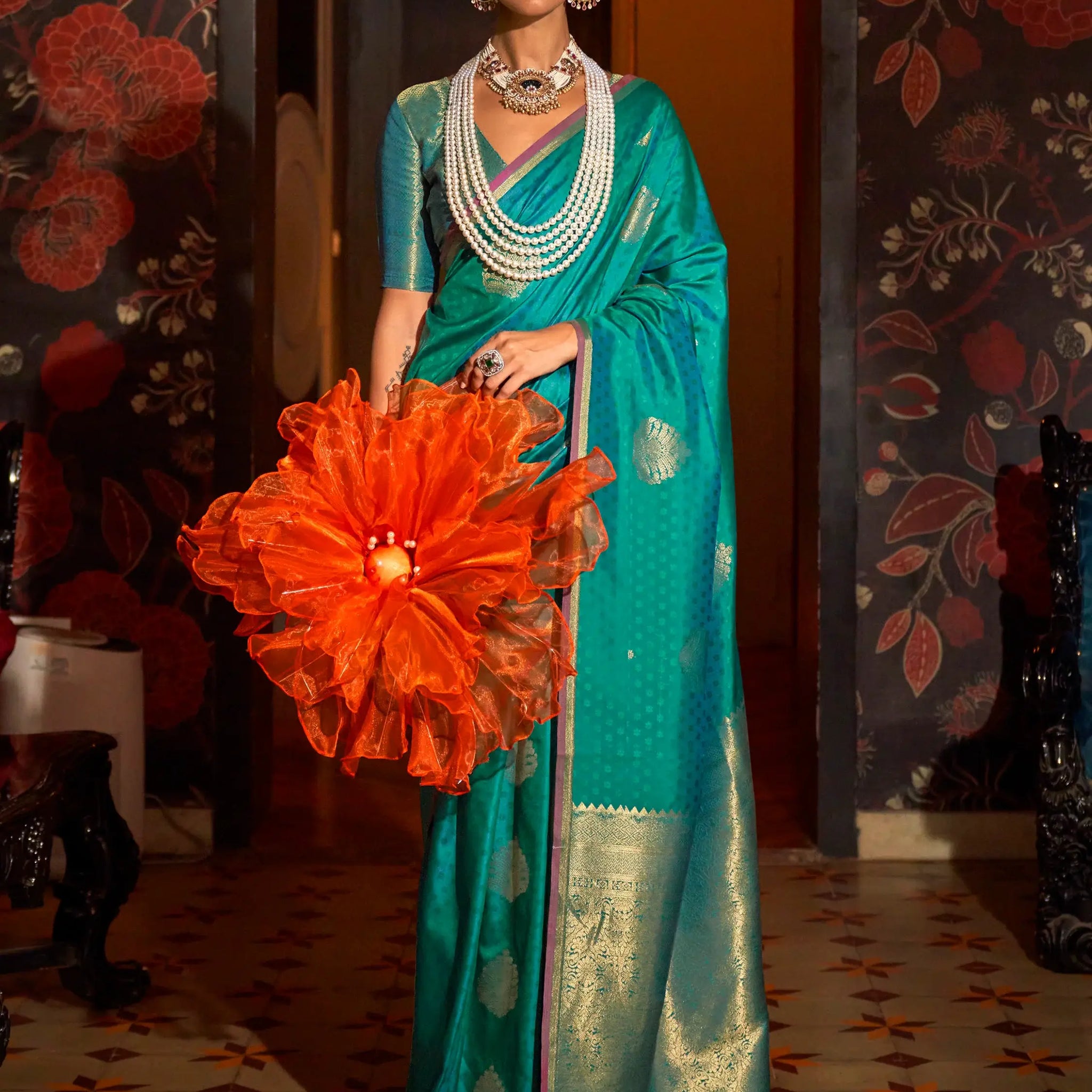 Gorgeous Teal Green Weaving Silk Festival Wear Saree With Blouse - Zeel Clothing