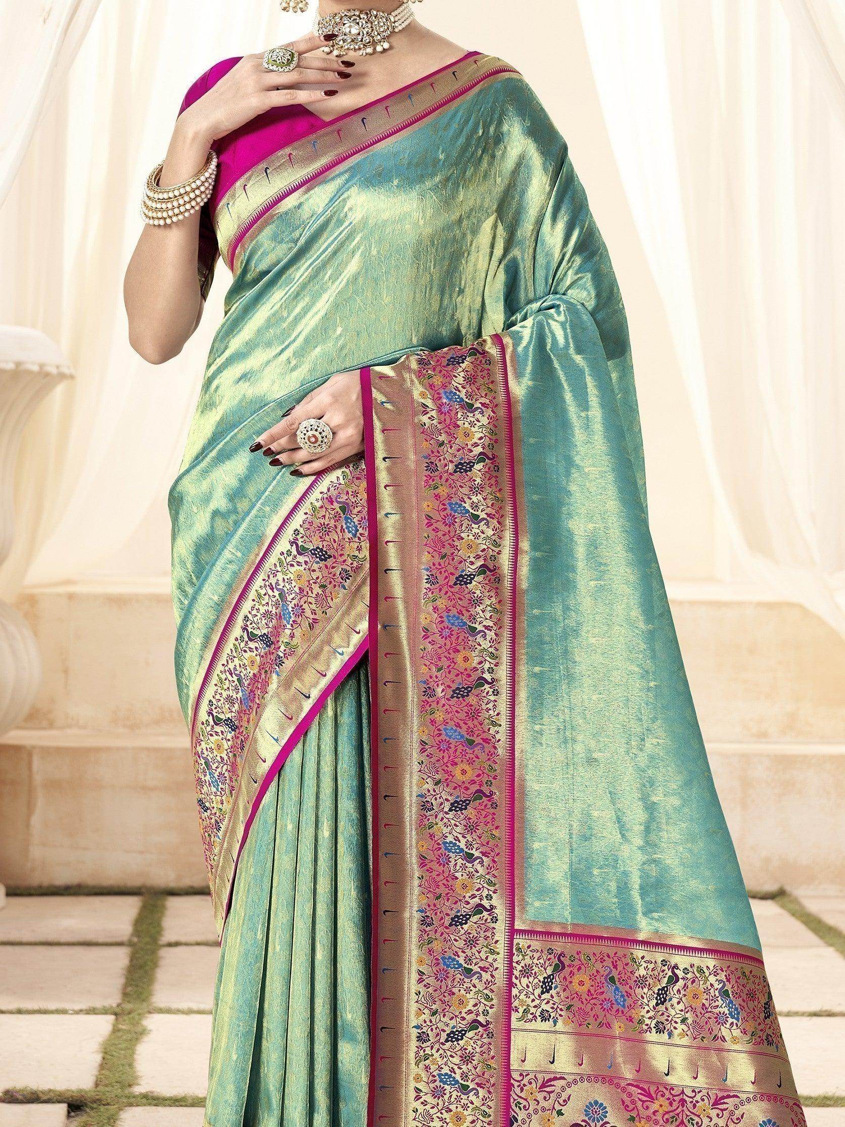 Gorgeous Turquoise Blue Handloom Weaving Silk Saree With Blouse - Zeel Clothing